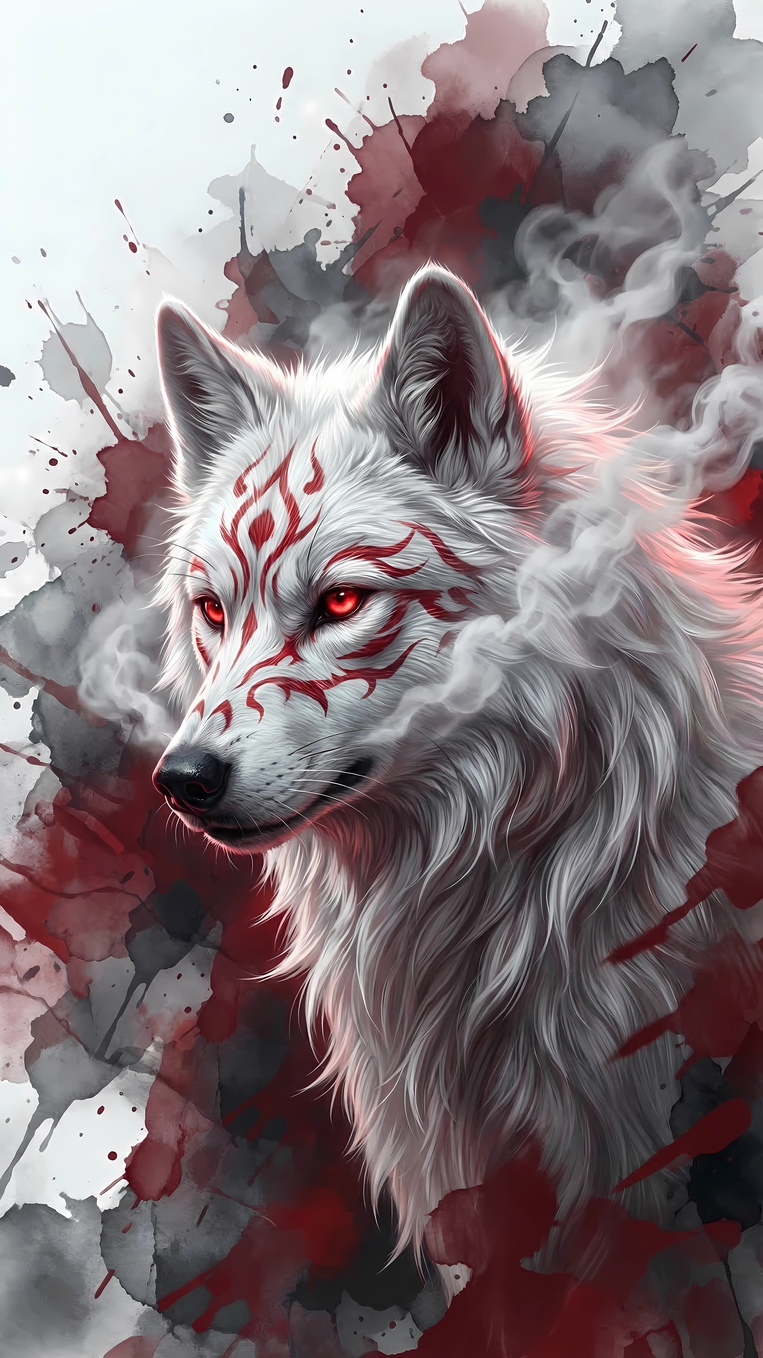 White Wolf Red Tribal Marks Ink Splash Fantasy Art
