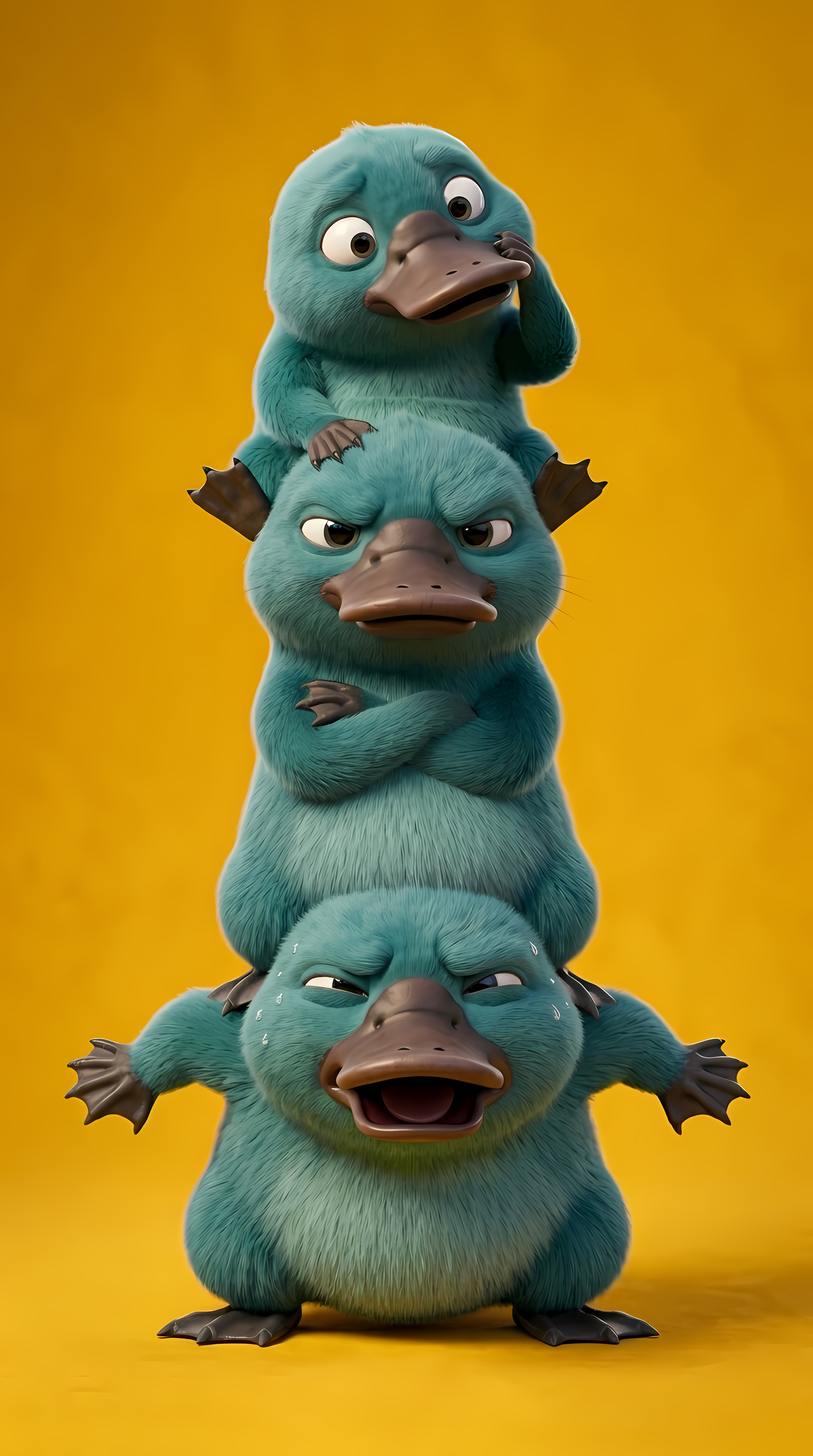 Funny 3D Stacked Platypus Trio Yellow Background Art Pic