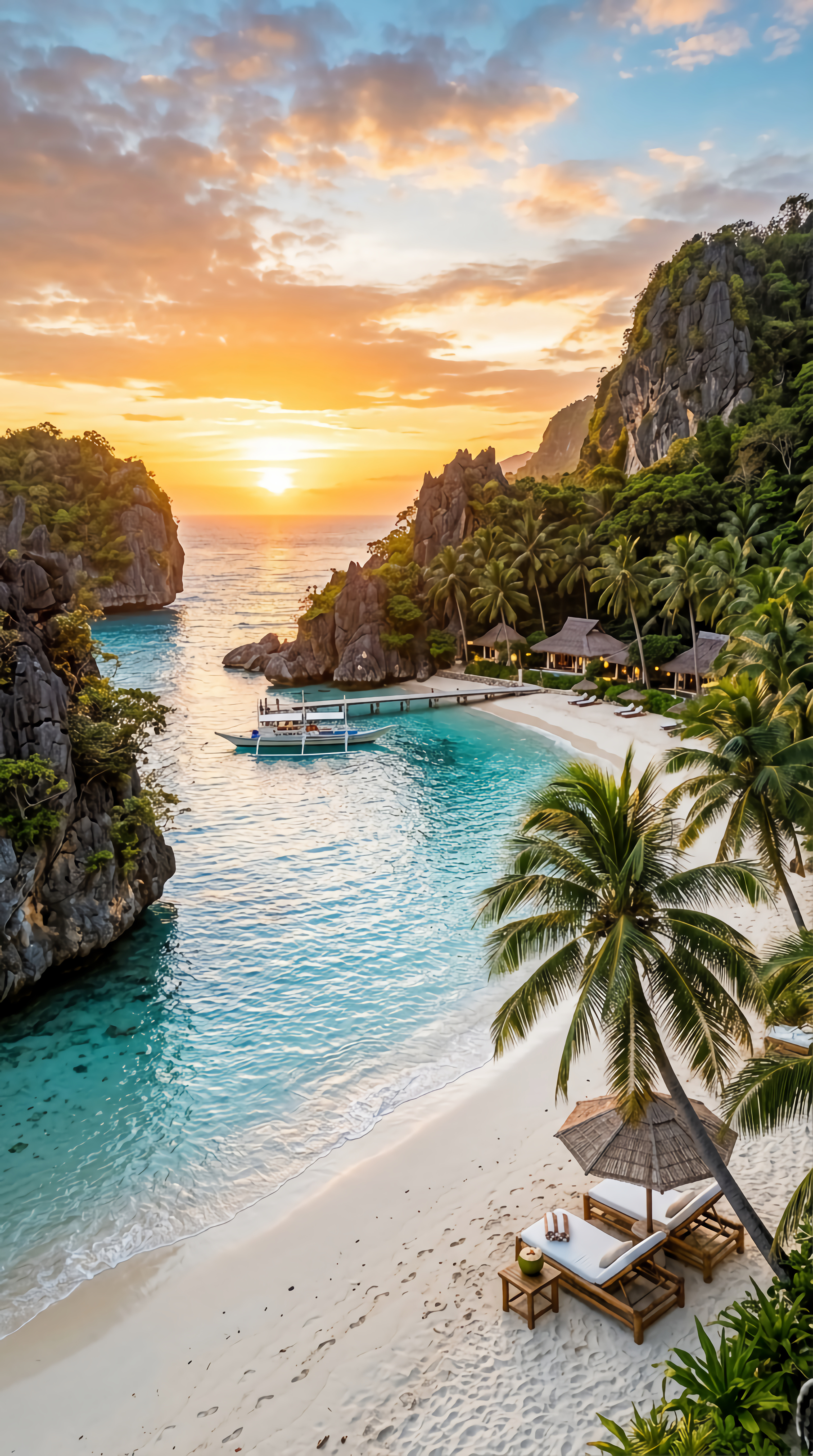 Beautiful tropical beach resort cove at a golden sunset