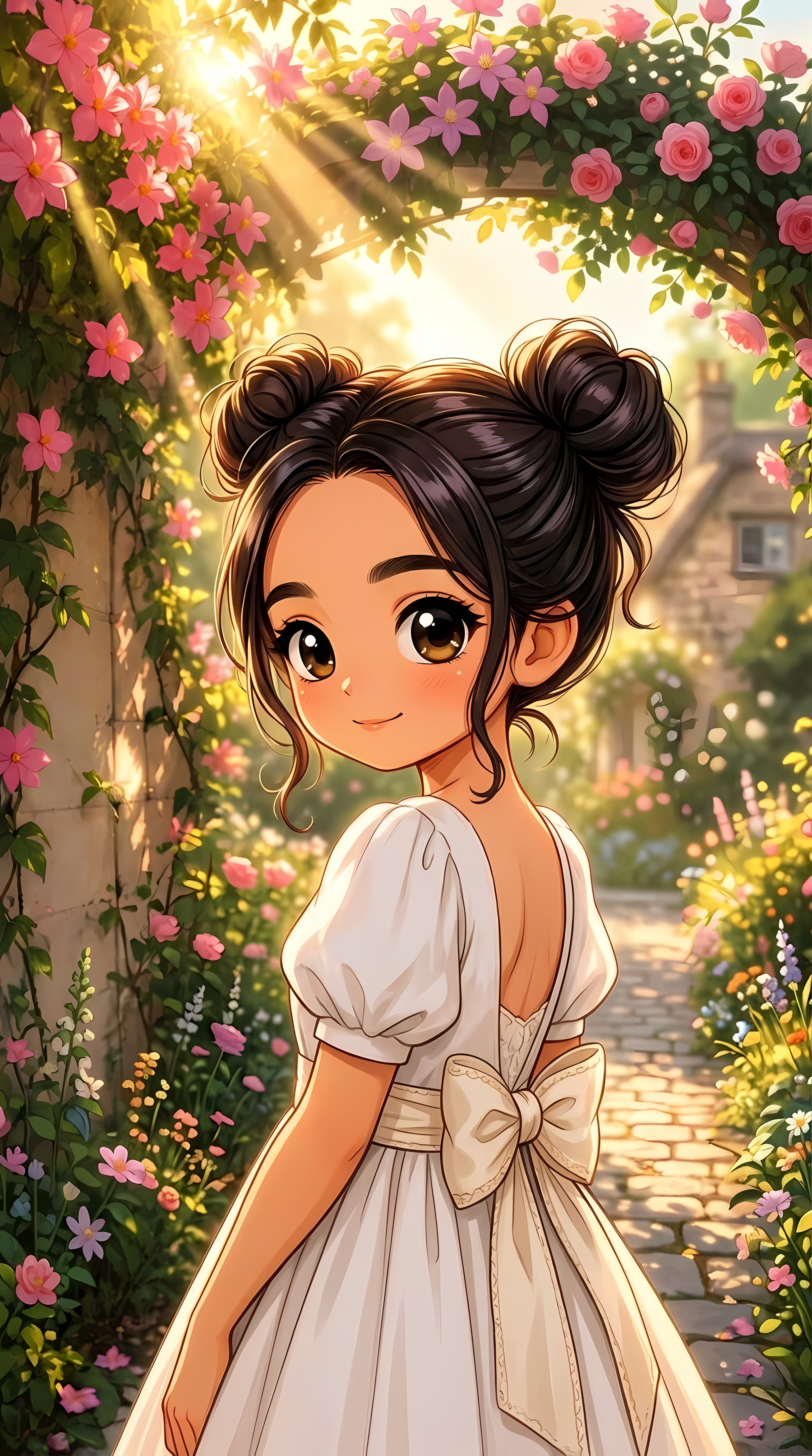 Elegant Anime Girl in White Dress Under Sunlit Rose Archway