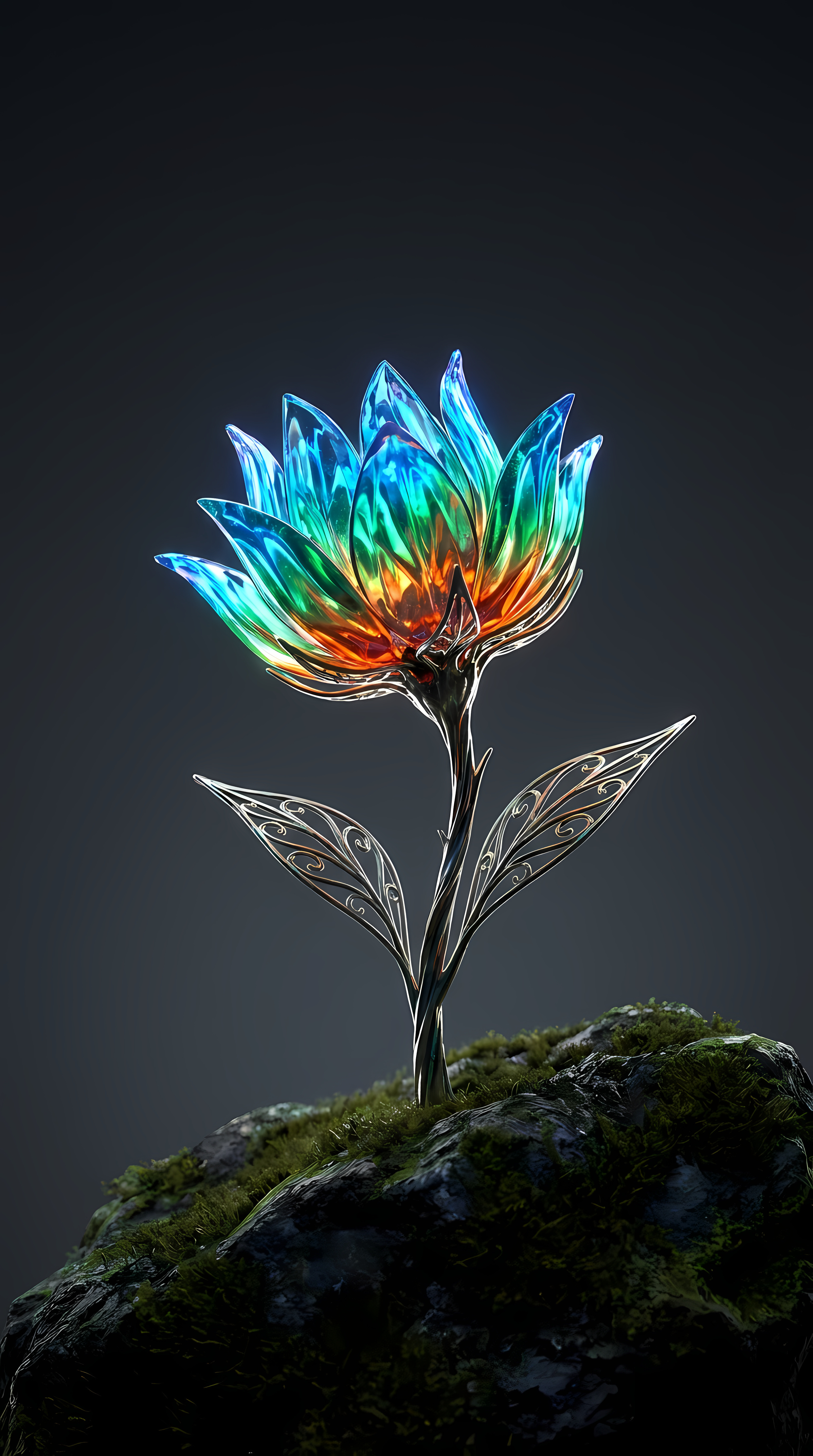 3D Glowing Crystal Lotus Flower On Dark Mossy Rock