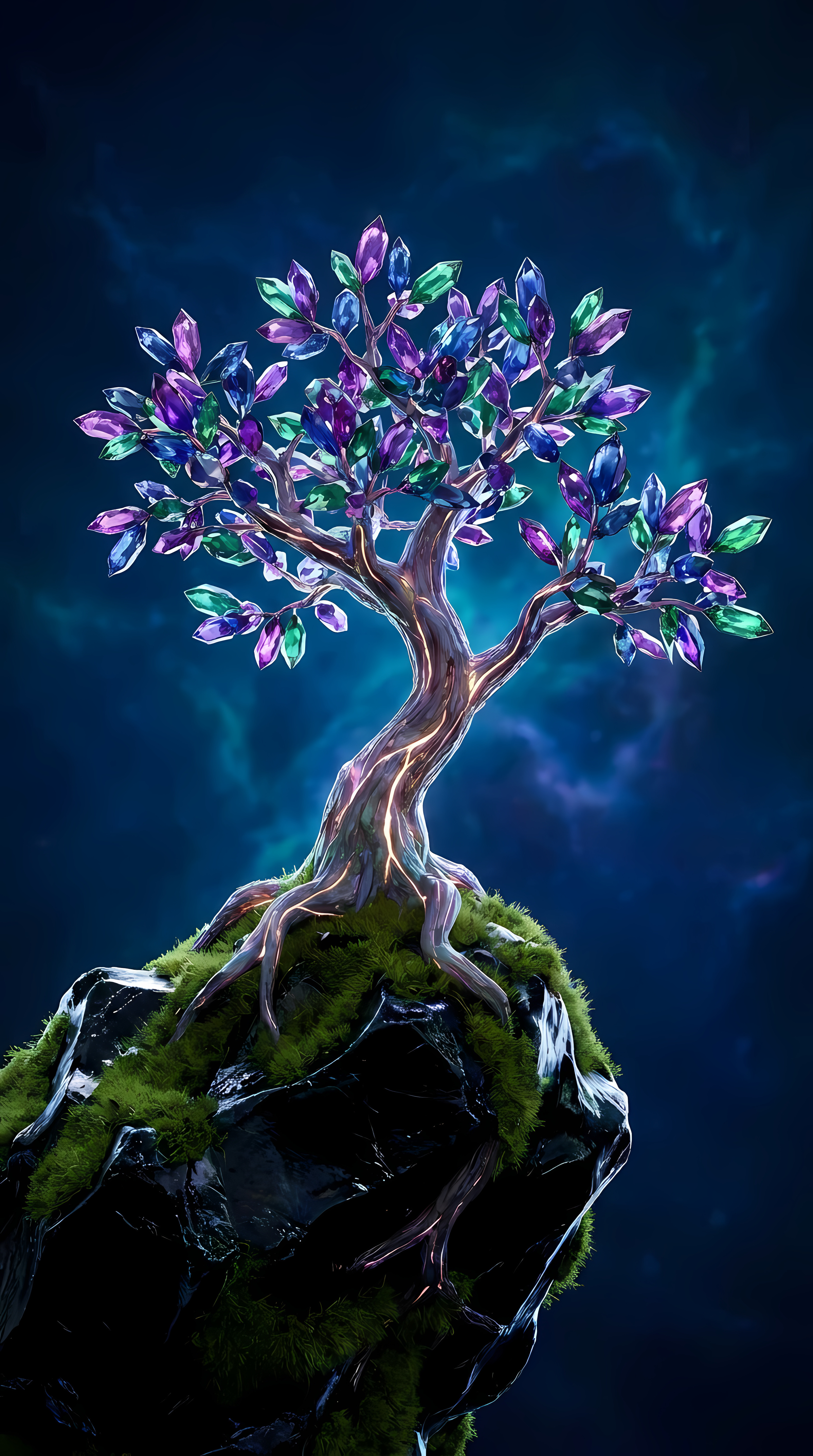 Magic Crystal Tree On Dark Rock Under Starry Sky