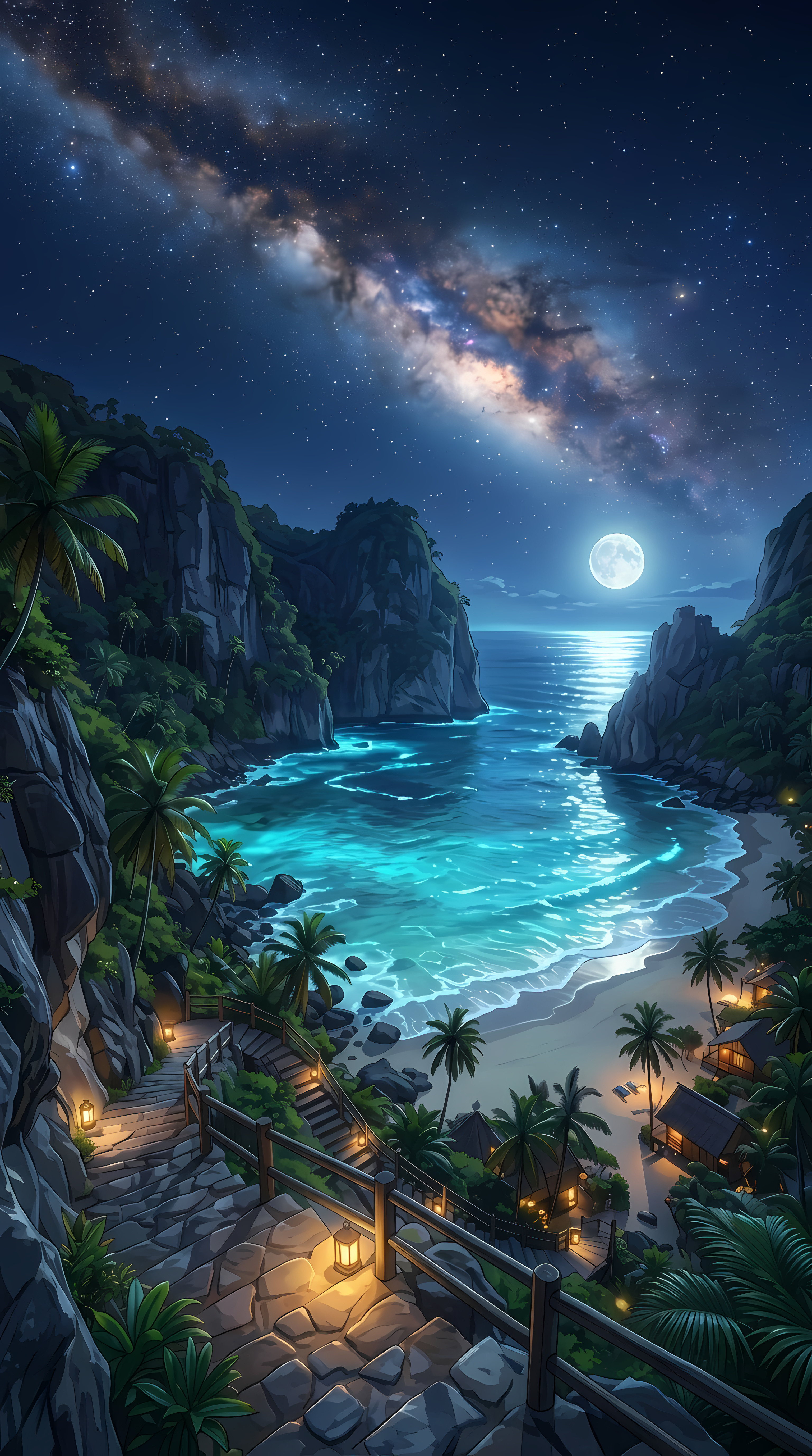 Magical Night Ocean Cove Under Starry Milky Way Sky