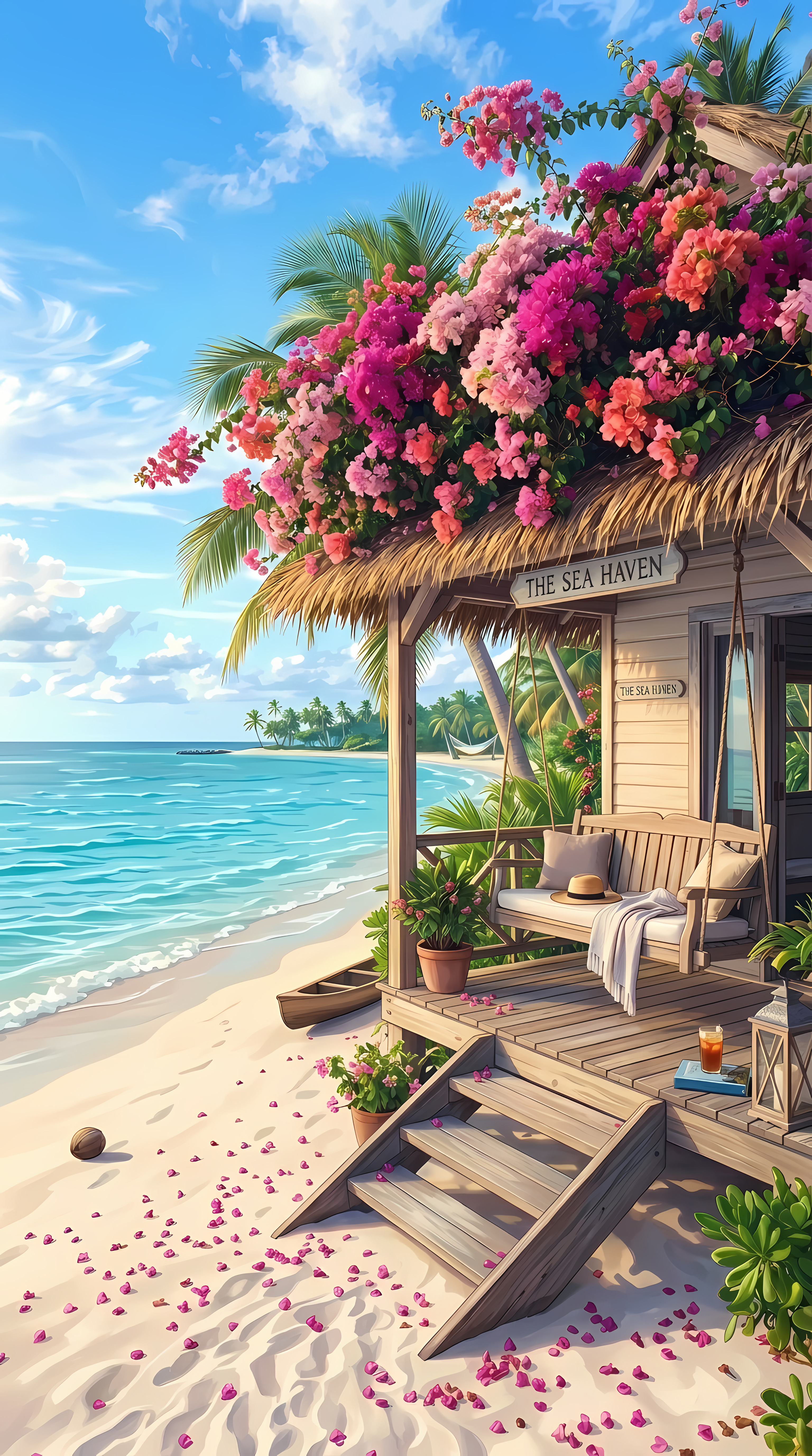 Beautiful Beachfront Cottage Porch With Pink Floral Ocean Vines