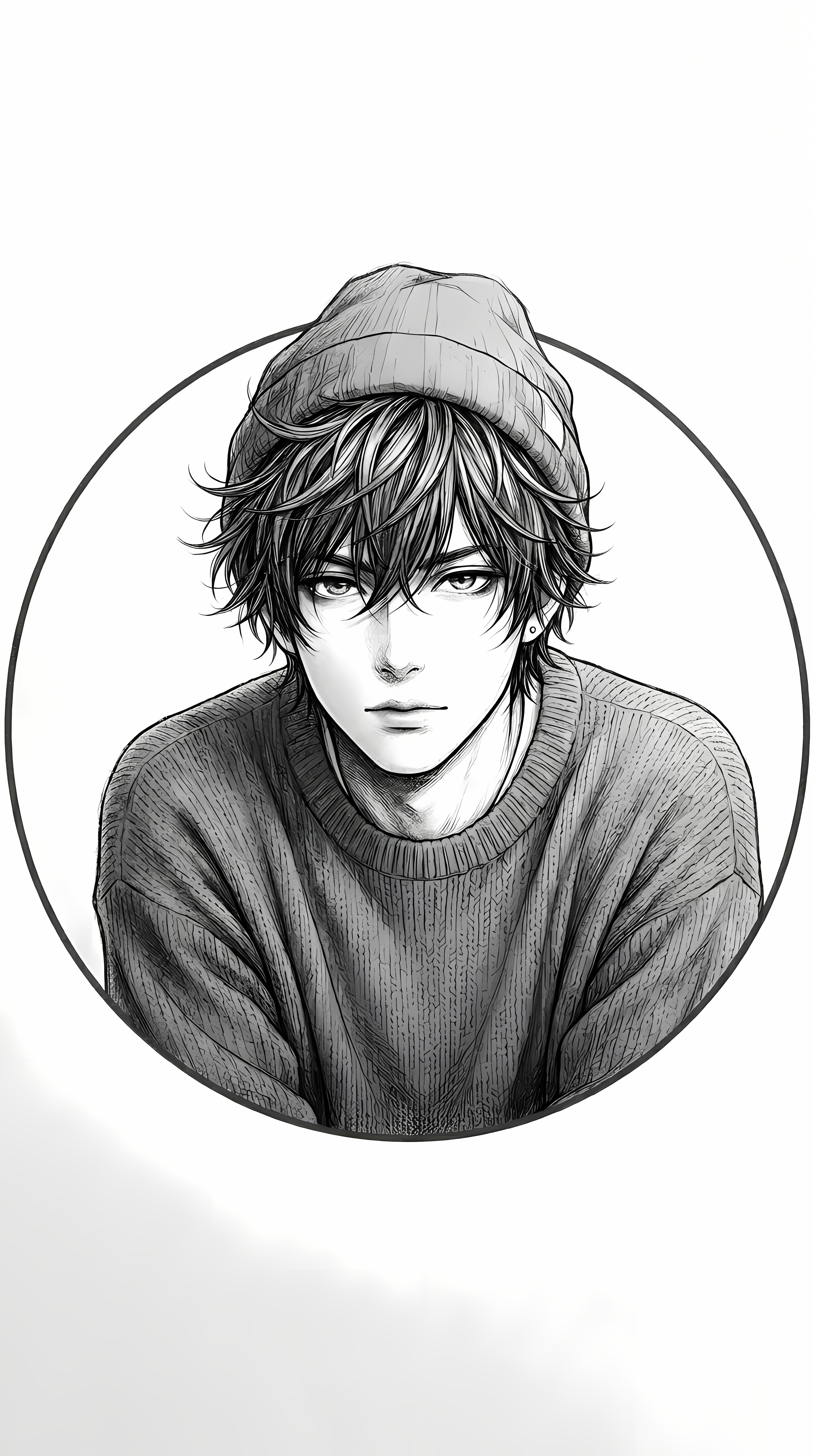 Cozy Anime Boy In Beanie Grayscale Minimalist Portrait Art