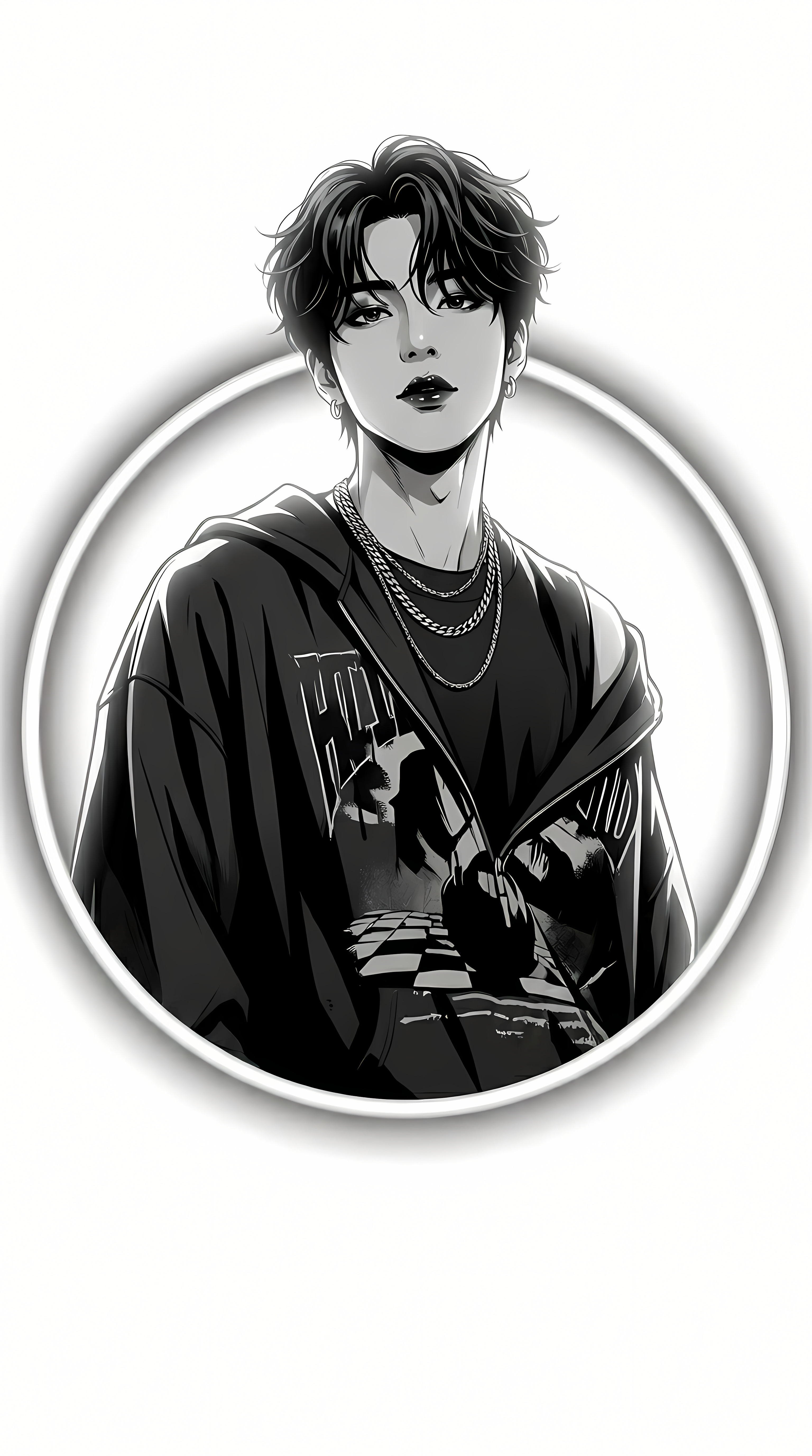 Cool Anime Guy In Graphic Hoodie Monochrome Vector Art