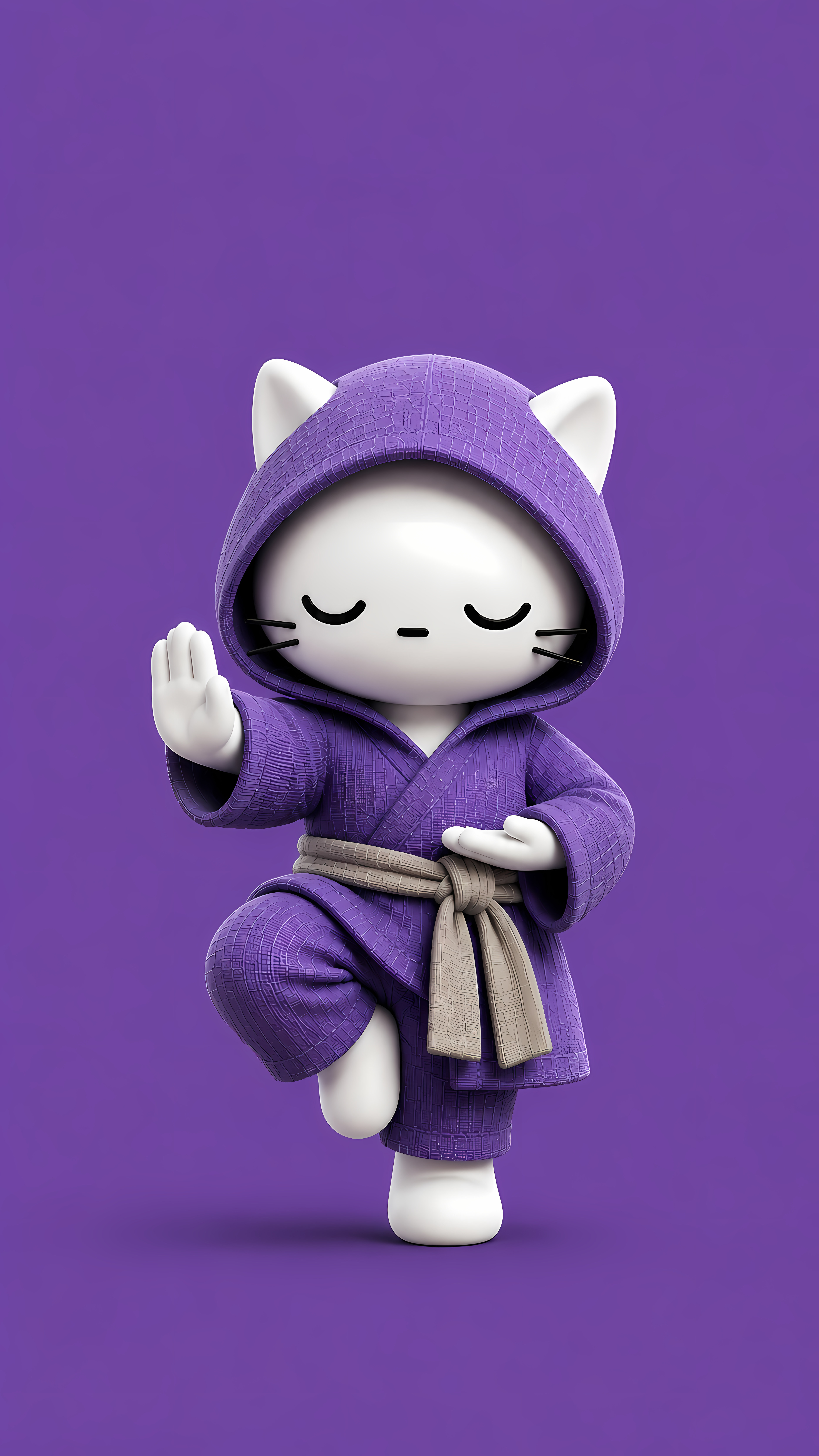 3D Meditating Cat In A Purple Martial Arts Robe