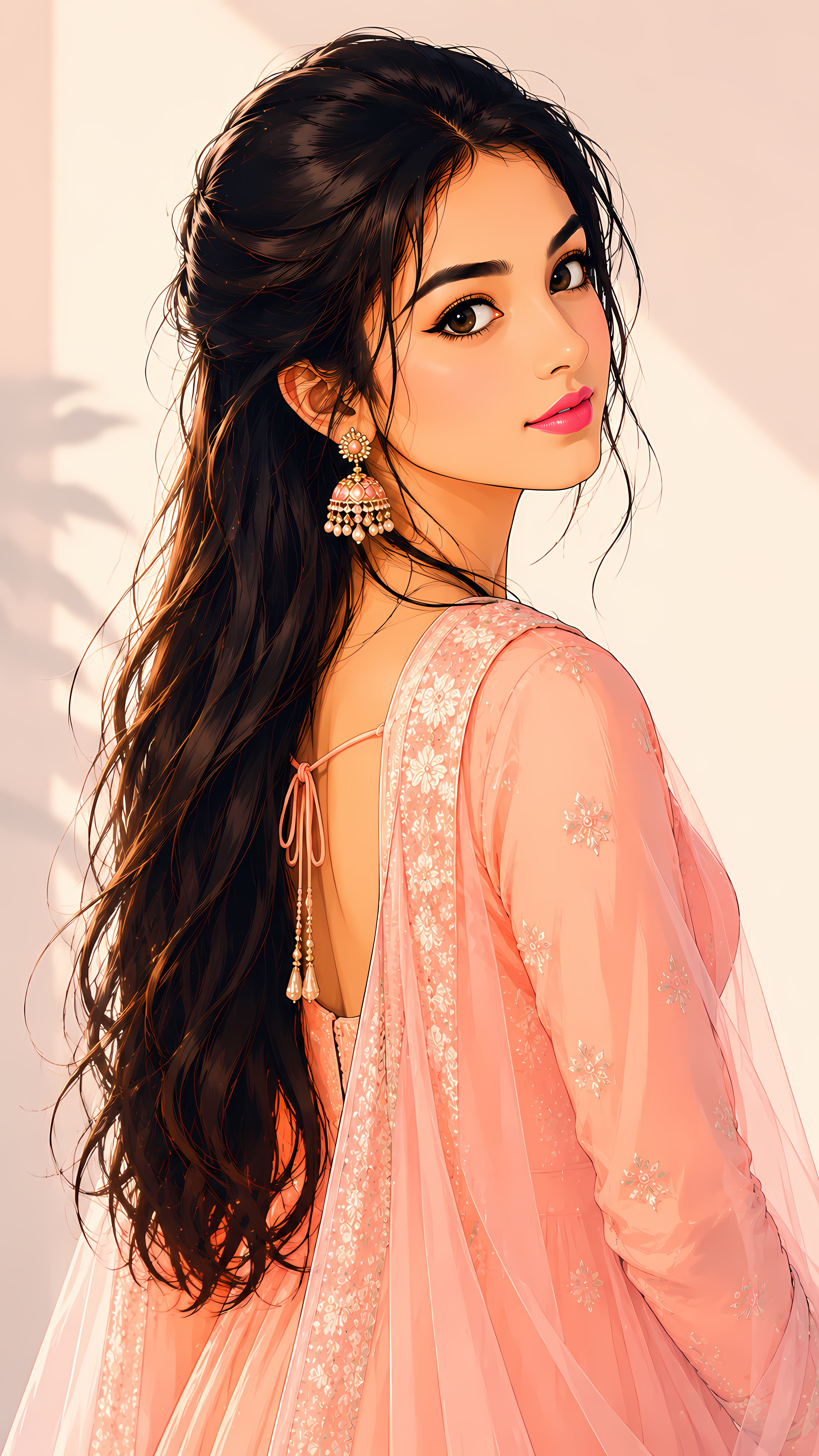 Beautiful Anime Girl Looking Back In Pink Dress Art