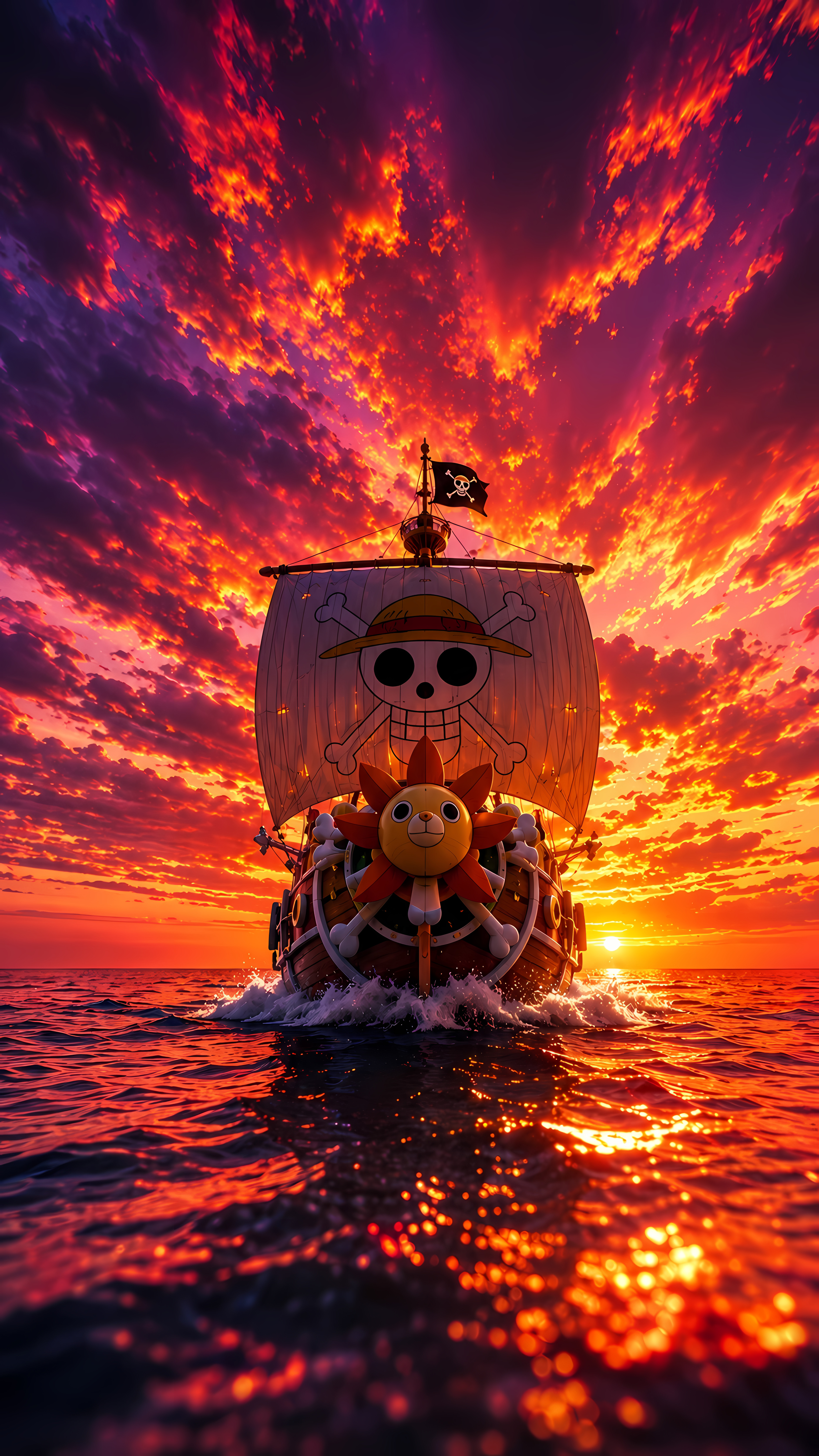 Anime pirate ship sailing under fiery orange sunset sky