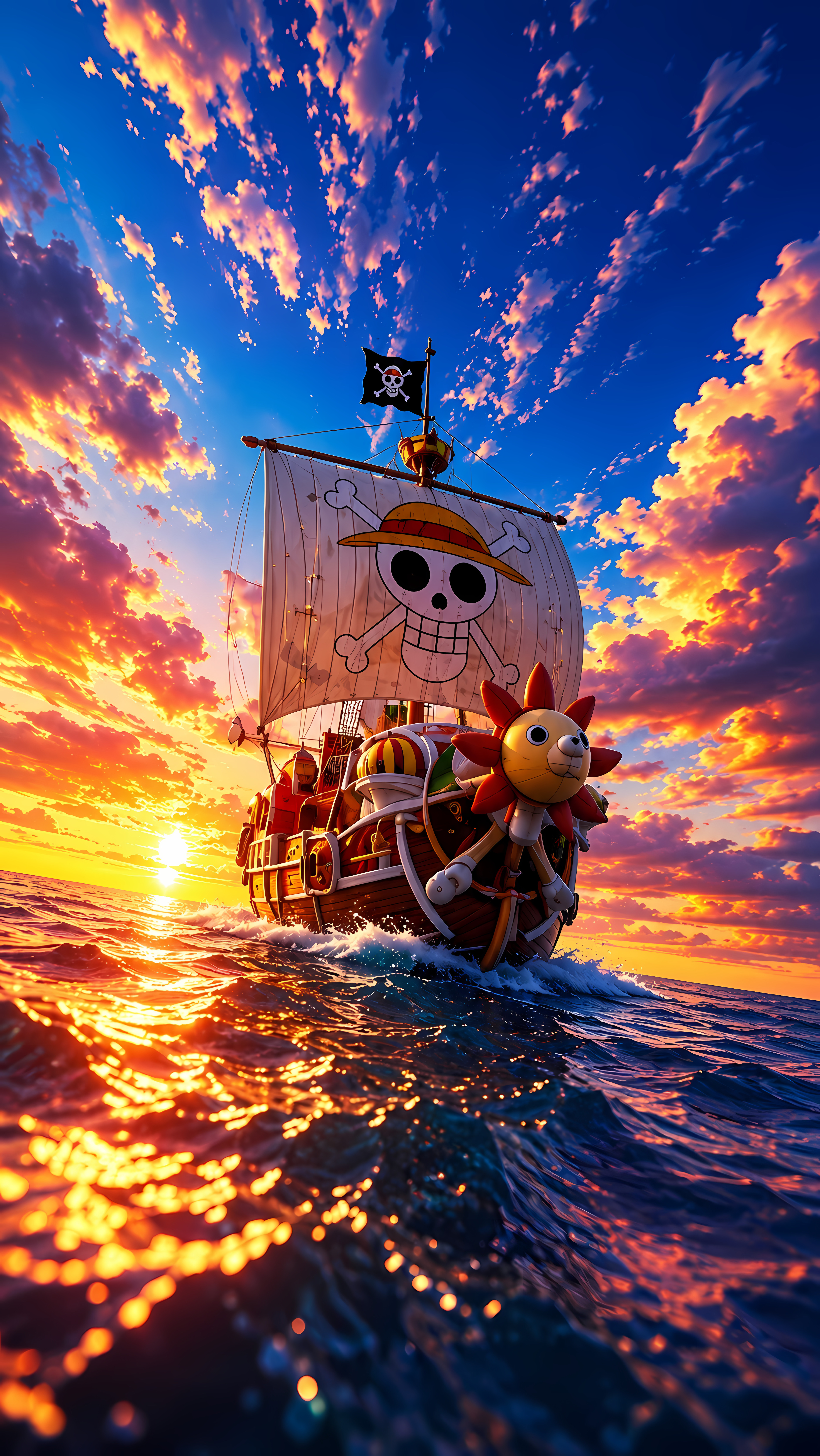 Anime pirate ship sailing vibrant golden hour ocean waves