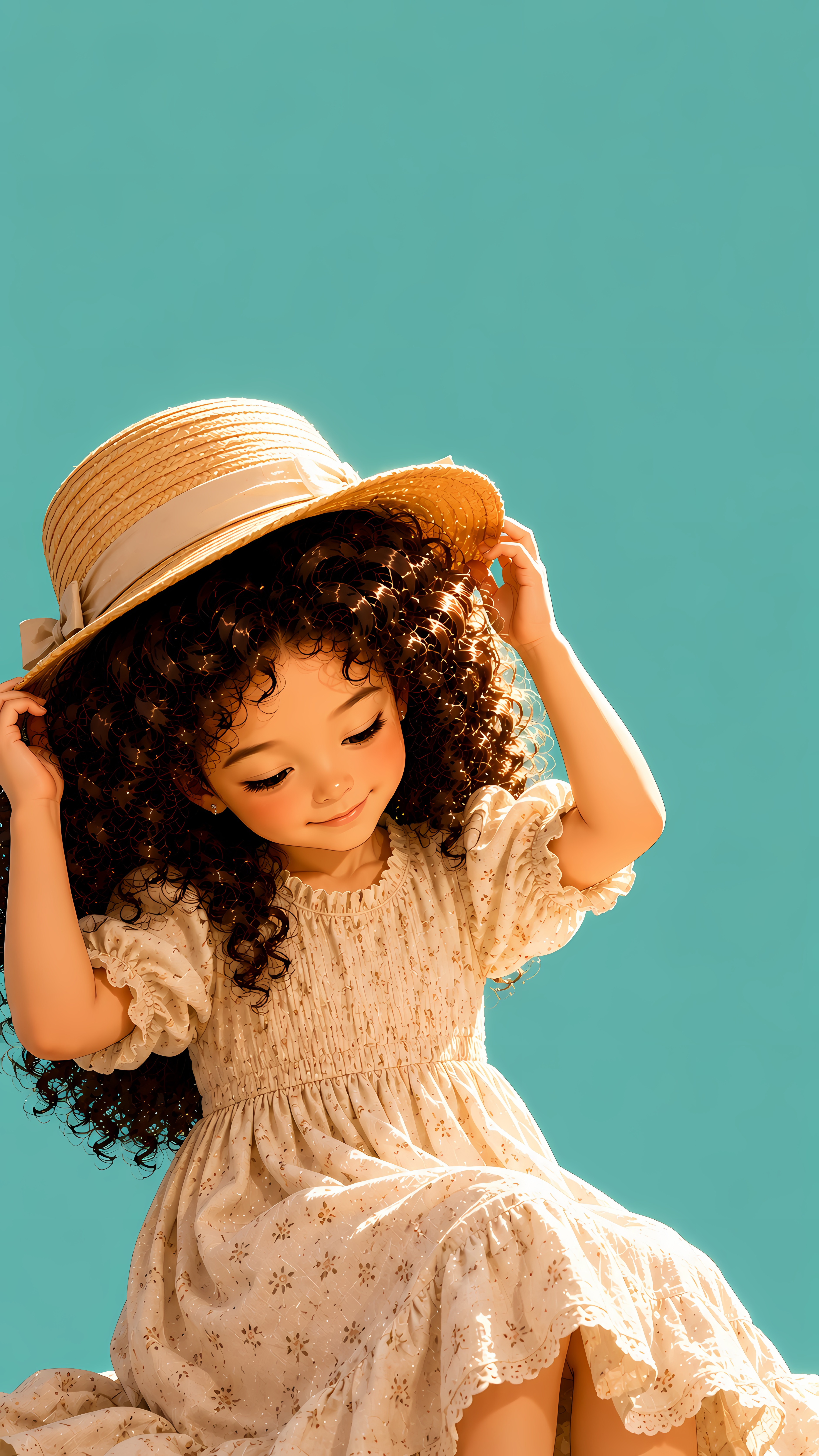 Curly Haired Girl In Straw Hat On Bright Teal Background