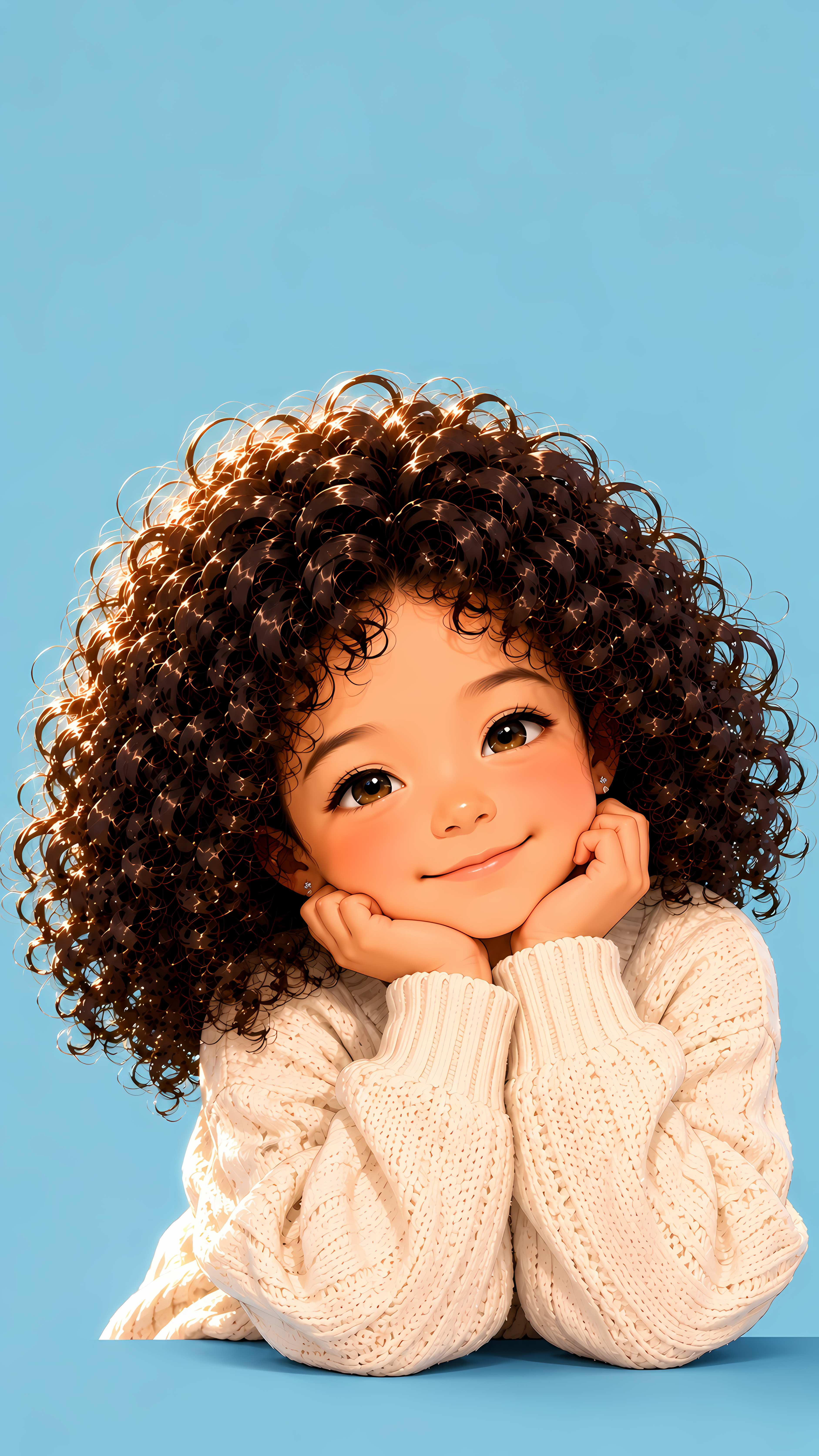 Smiling Curly Haired Girl In Chunky White Sweater Portrait