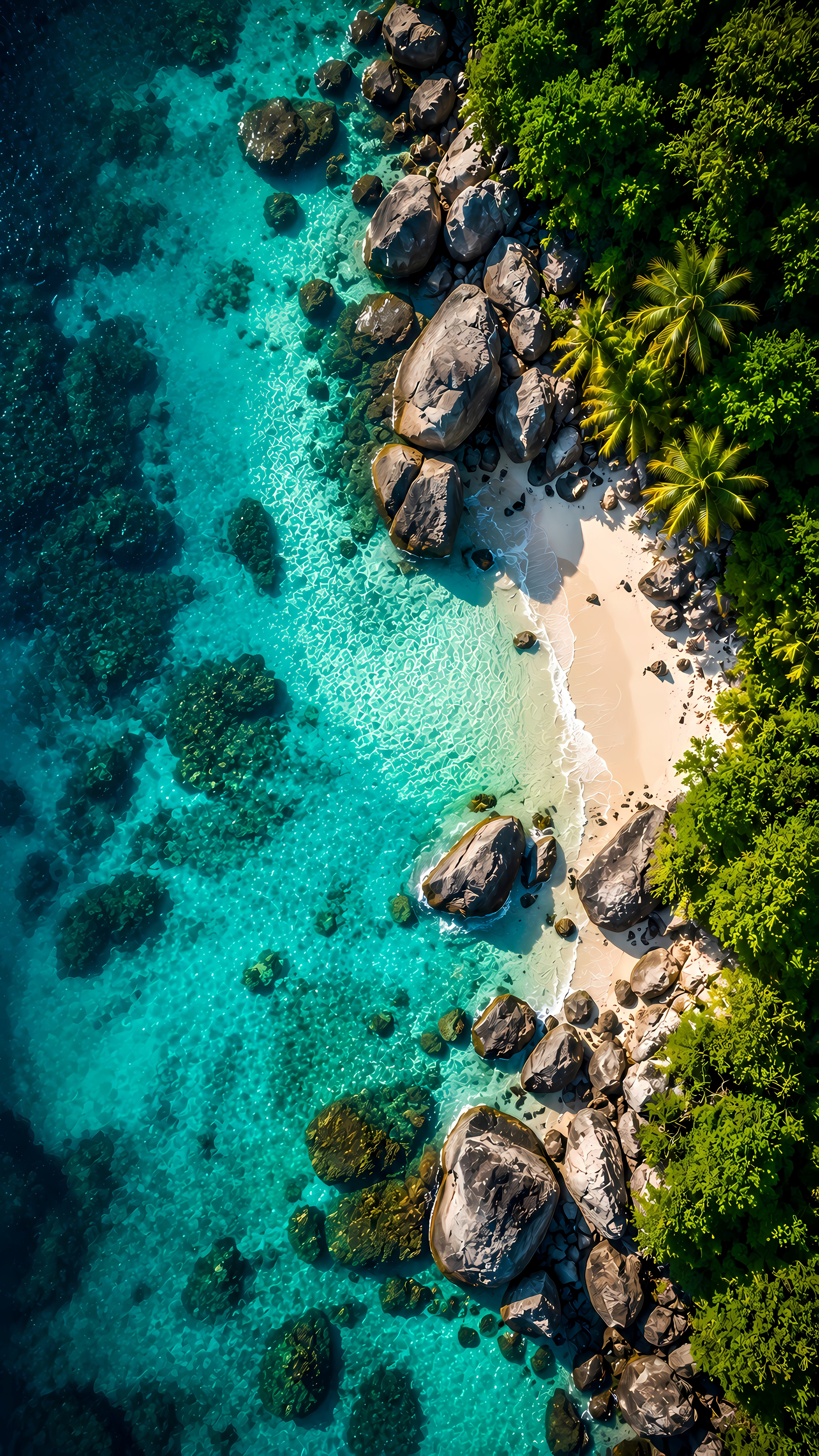 Aerial view tropical beach green palms blue ocean rocks