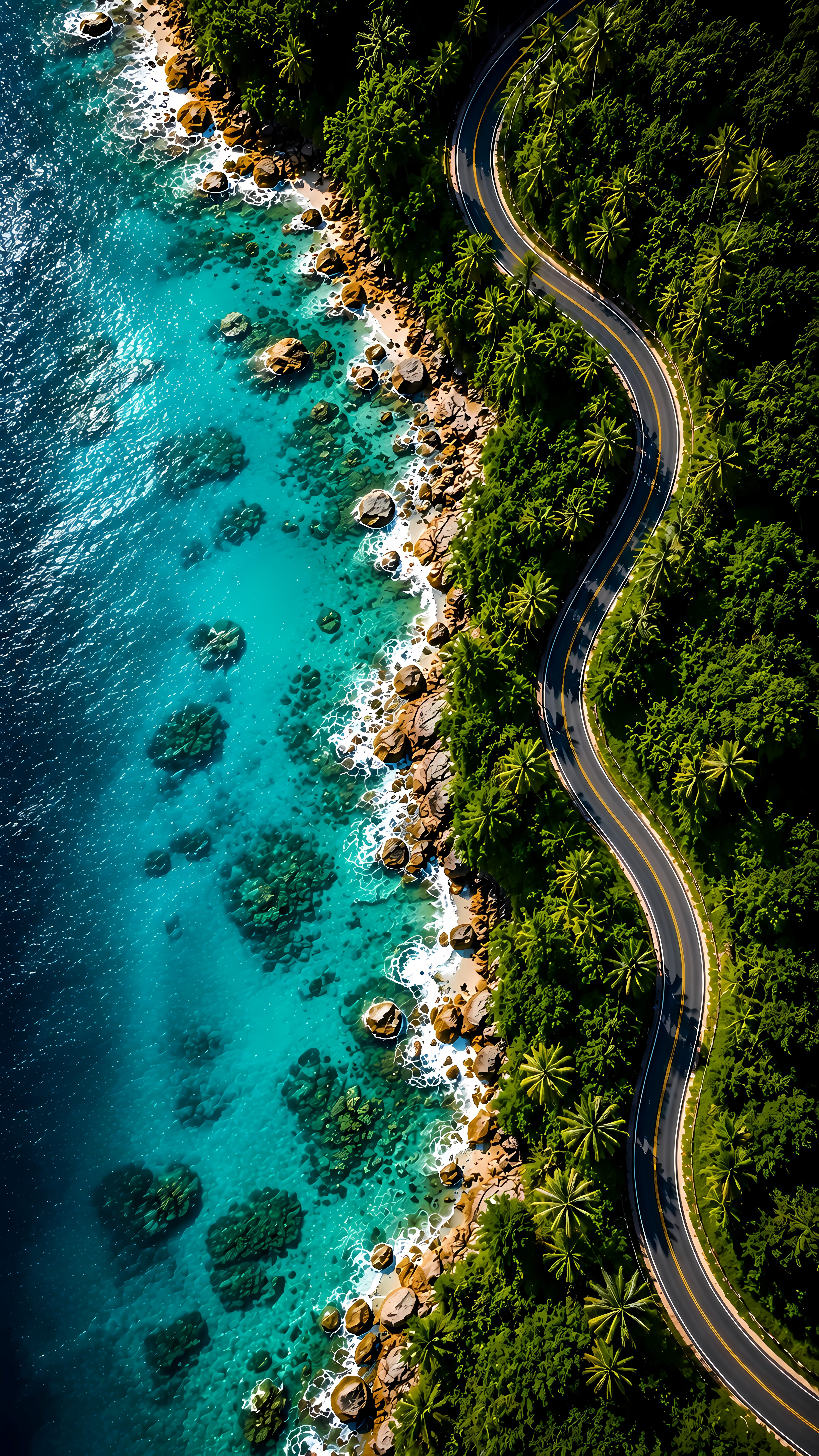 Curved coastal highway lush forest clear blue sea view