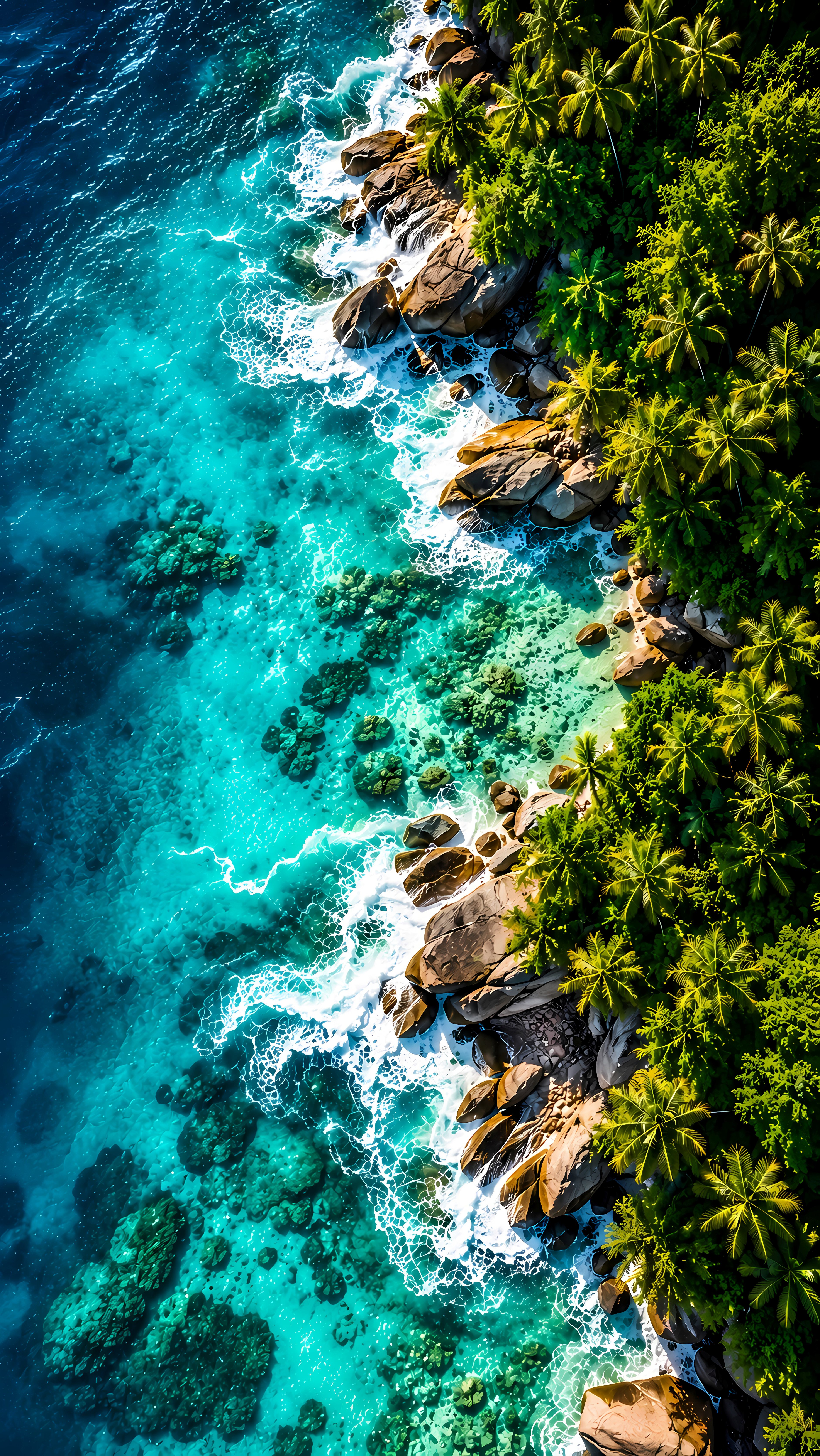Top down tropical ocean waves rocky coast palm trees