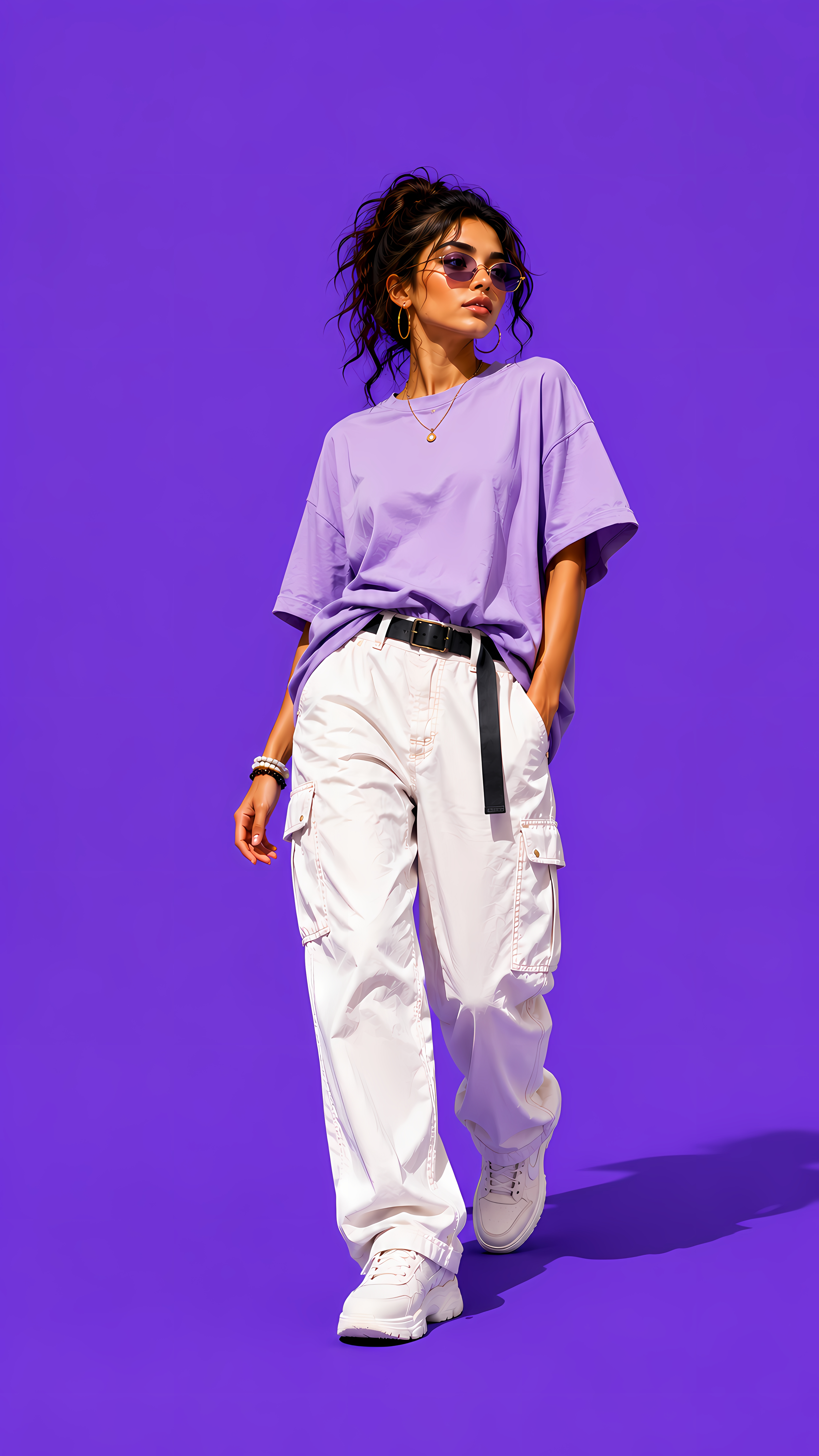 Chic girl walking in purple tee white pants minimal art