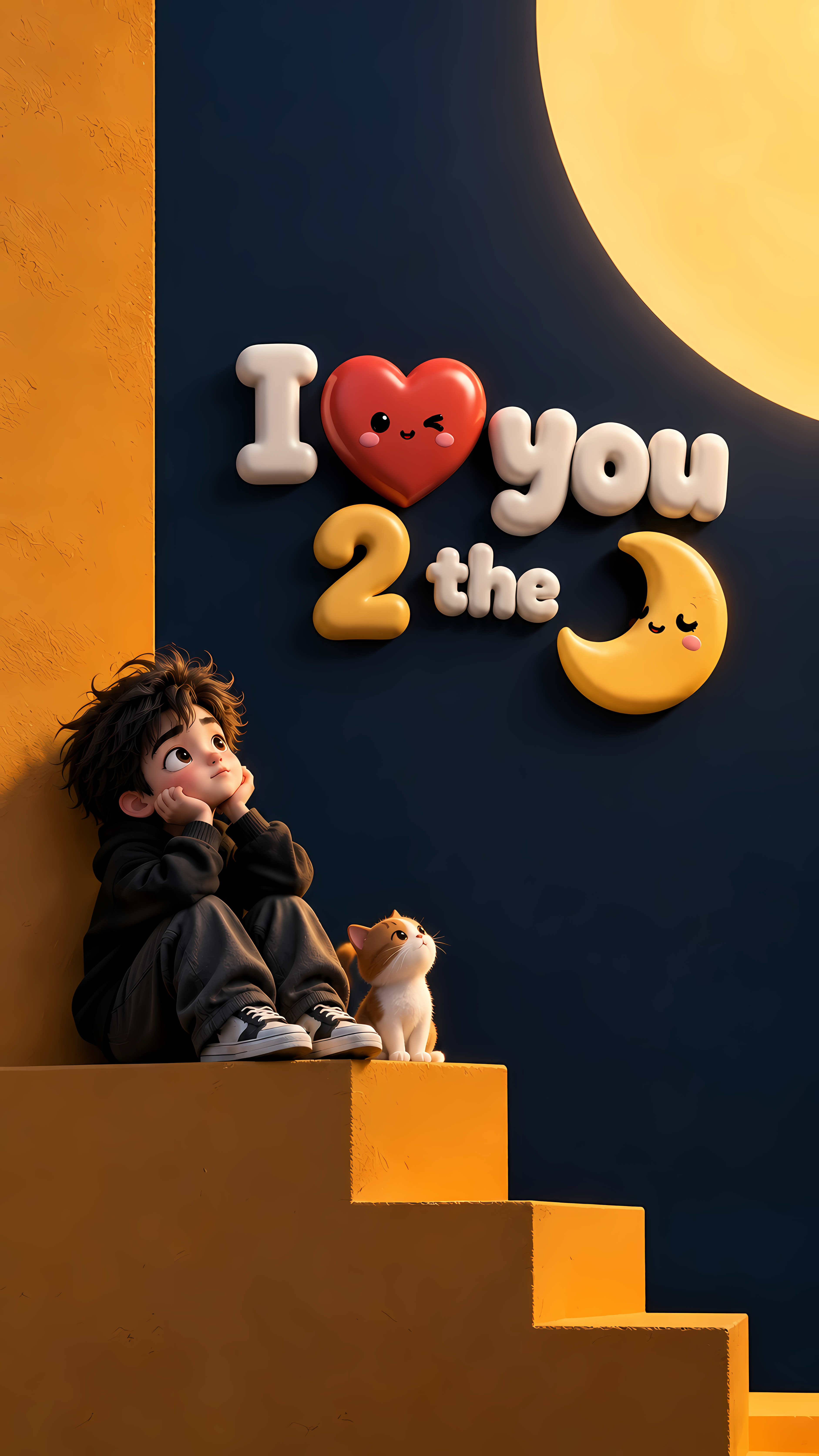 3D Boy And Cat I Love You Moon Wallpaper