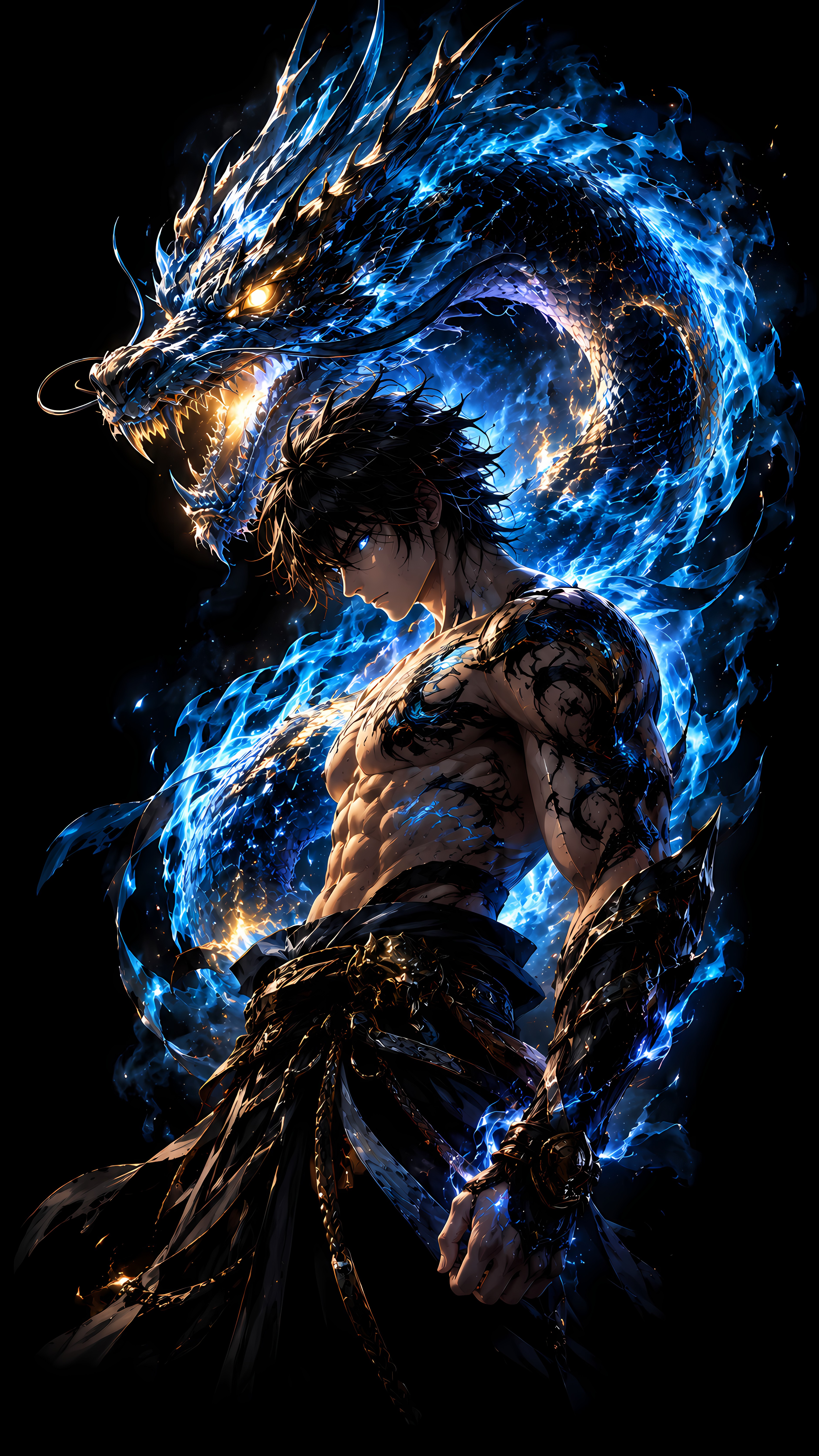 Blue Dragon Aura Anime Boy Dark Fantasy Art Wallpaper