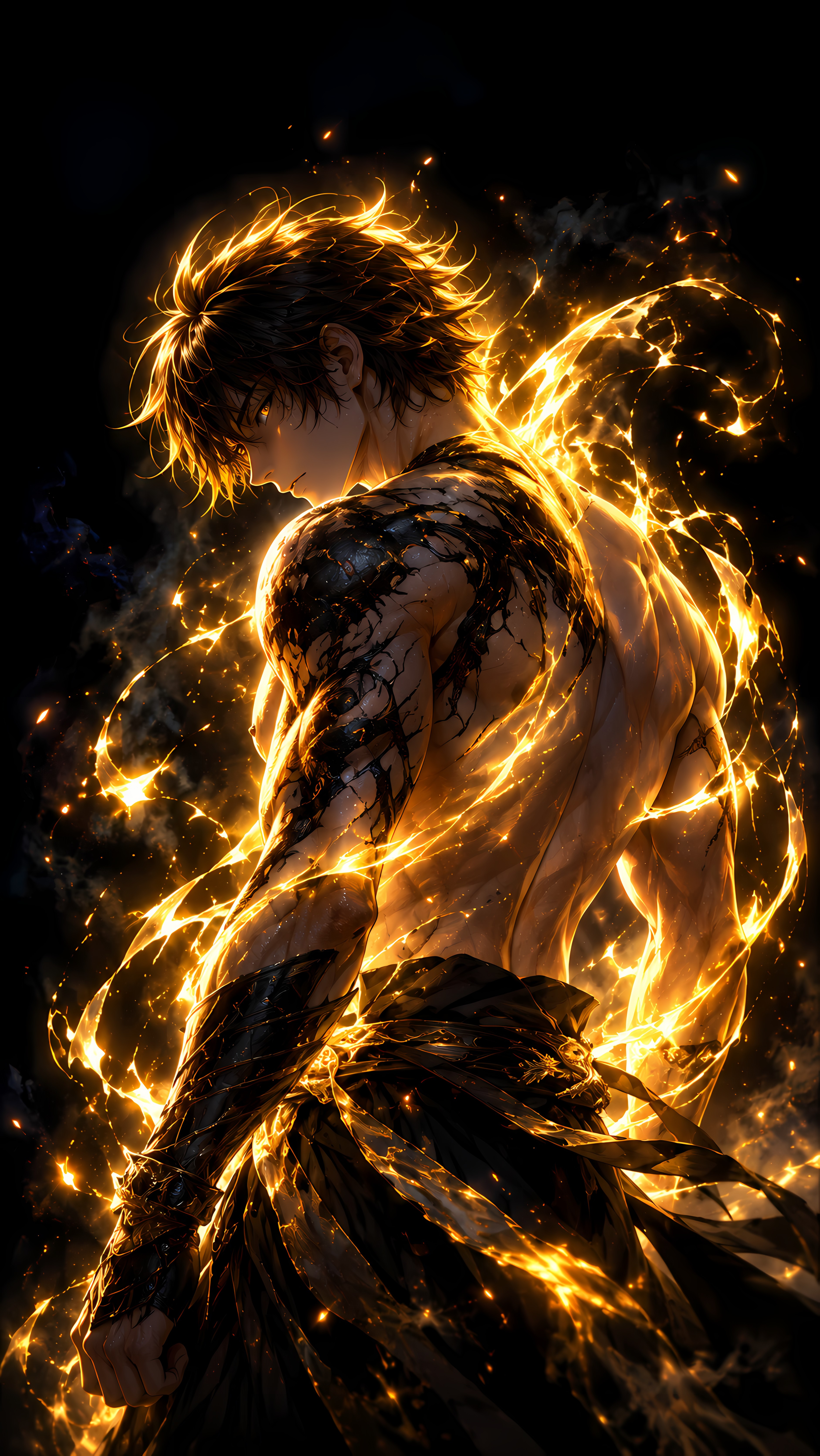 Golden Fire Aura Anime Warrior Dark Fantasy Art Wallpaper