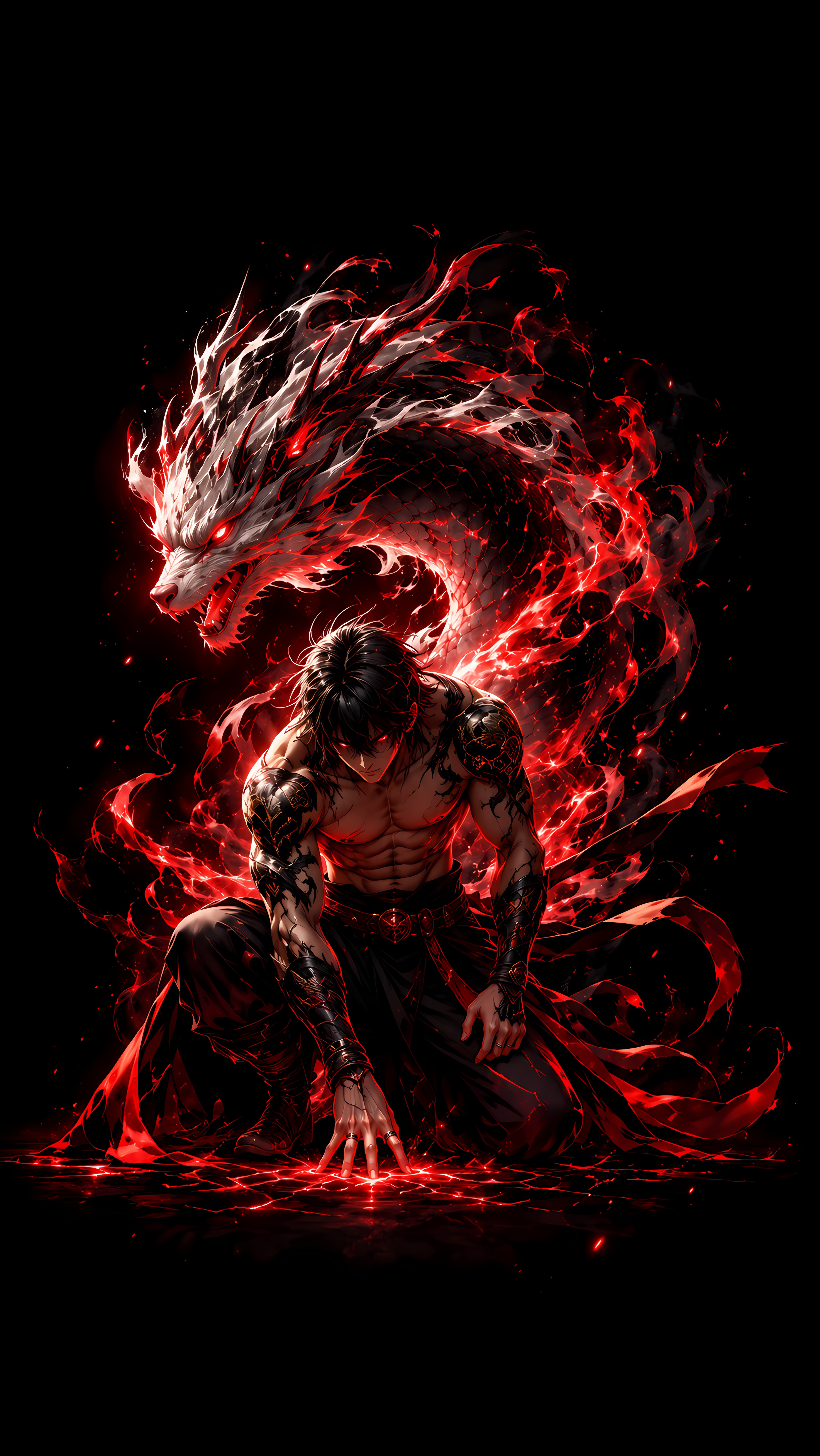 Crimson Dragon Aura Anime Boy Dark Fantasy Art Wallpaper