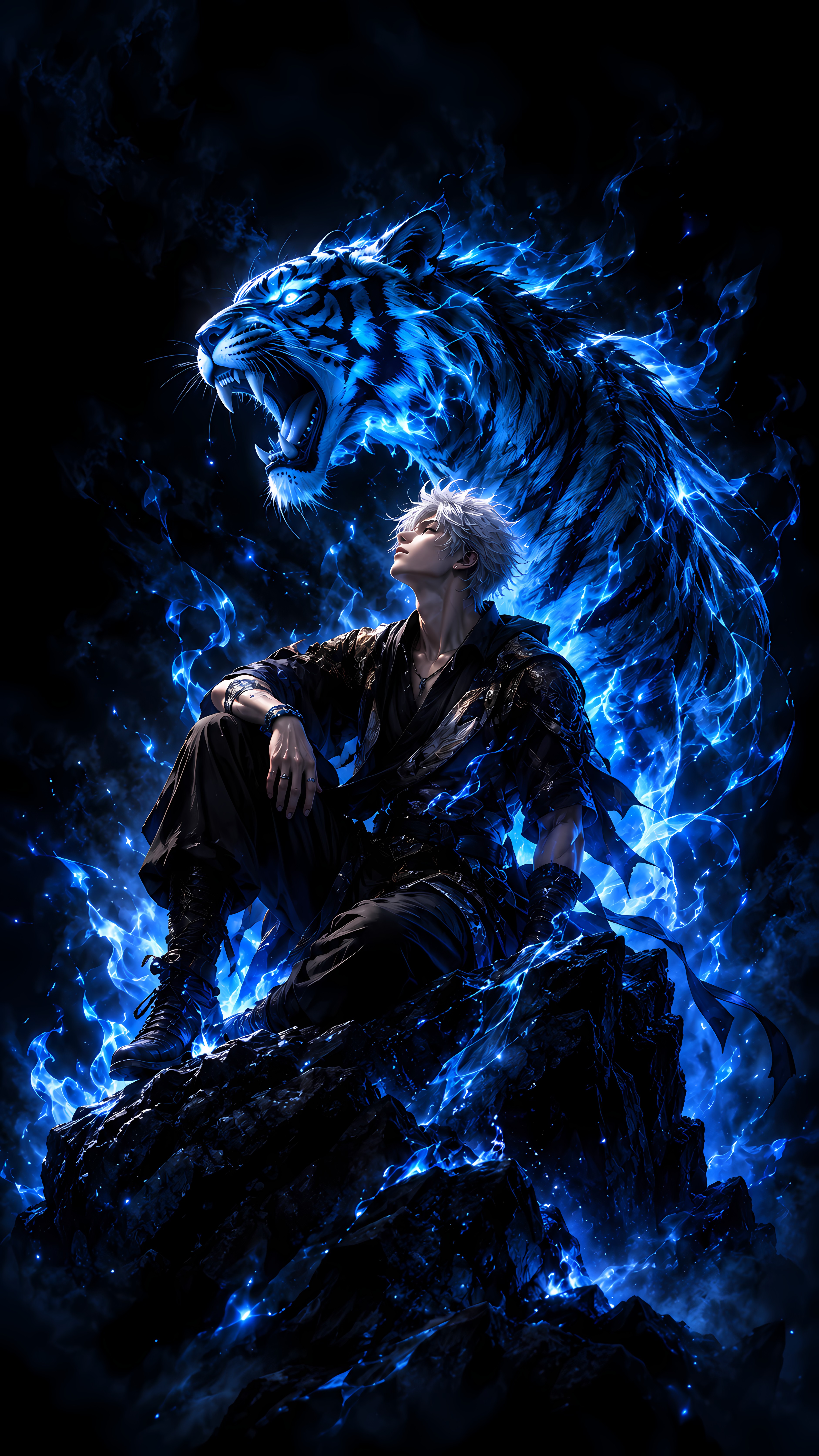 Neon Blue Tiger Spirit Anime Boy Digital Art Wallpaper