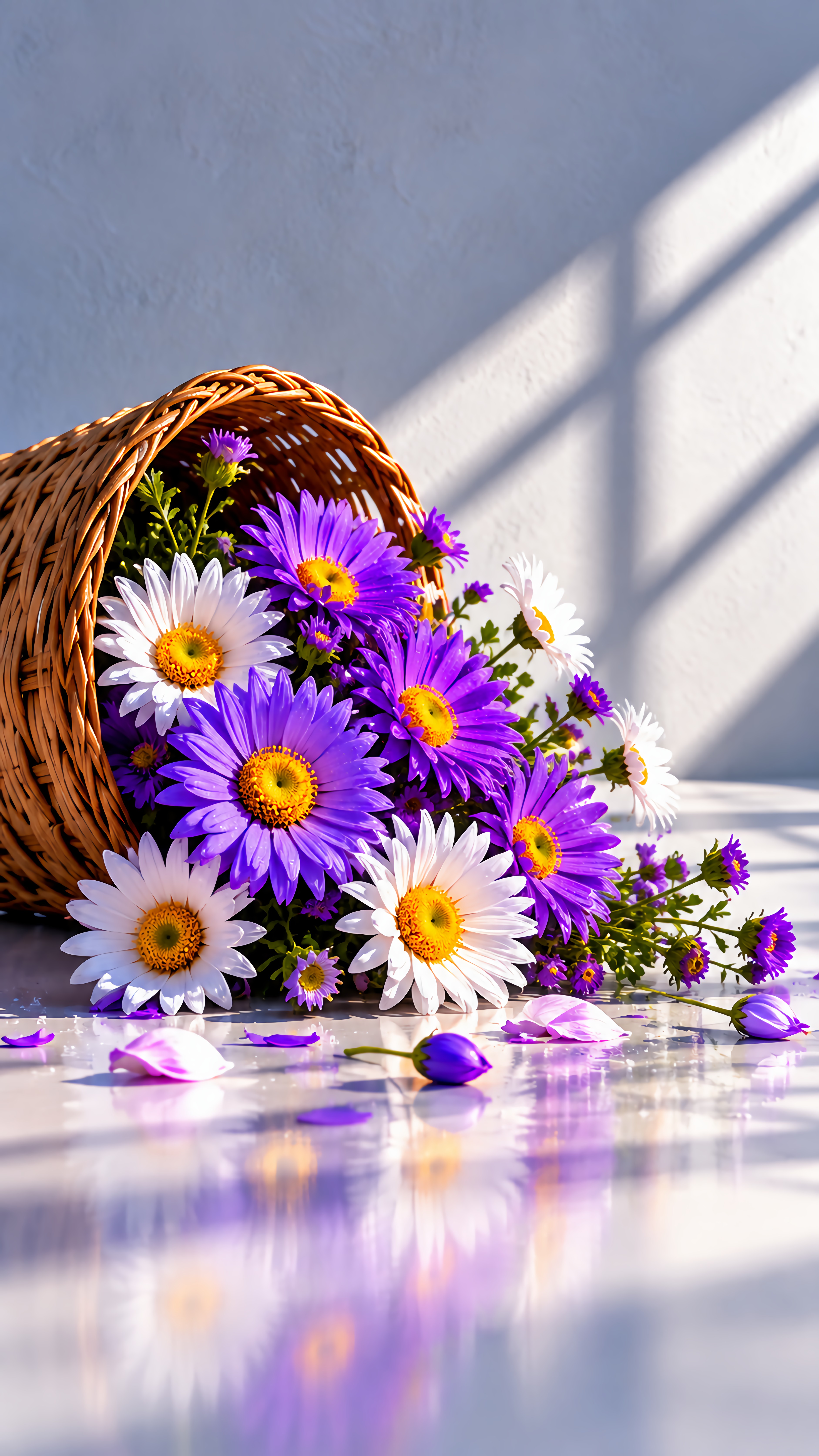 Spilled Purple White Daisy Flowers From Woven Basket Photo