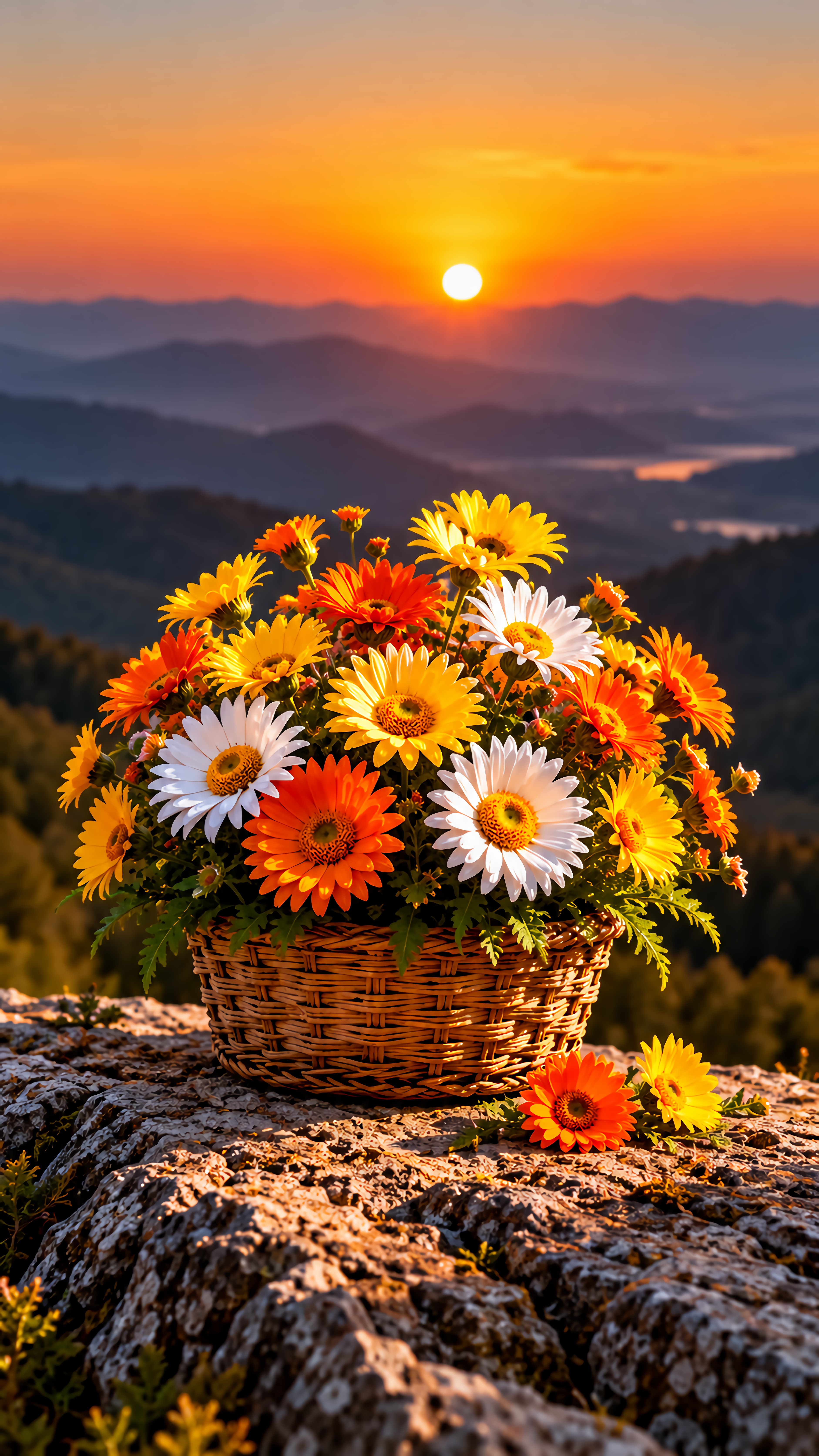 Orange White Daisy Flowers In Basket Mountain Sunset View