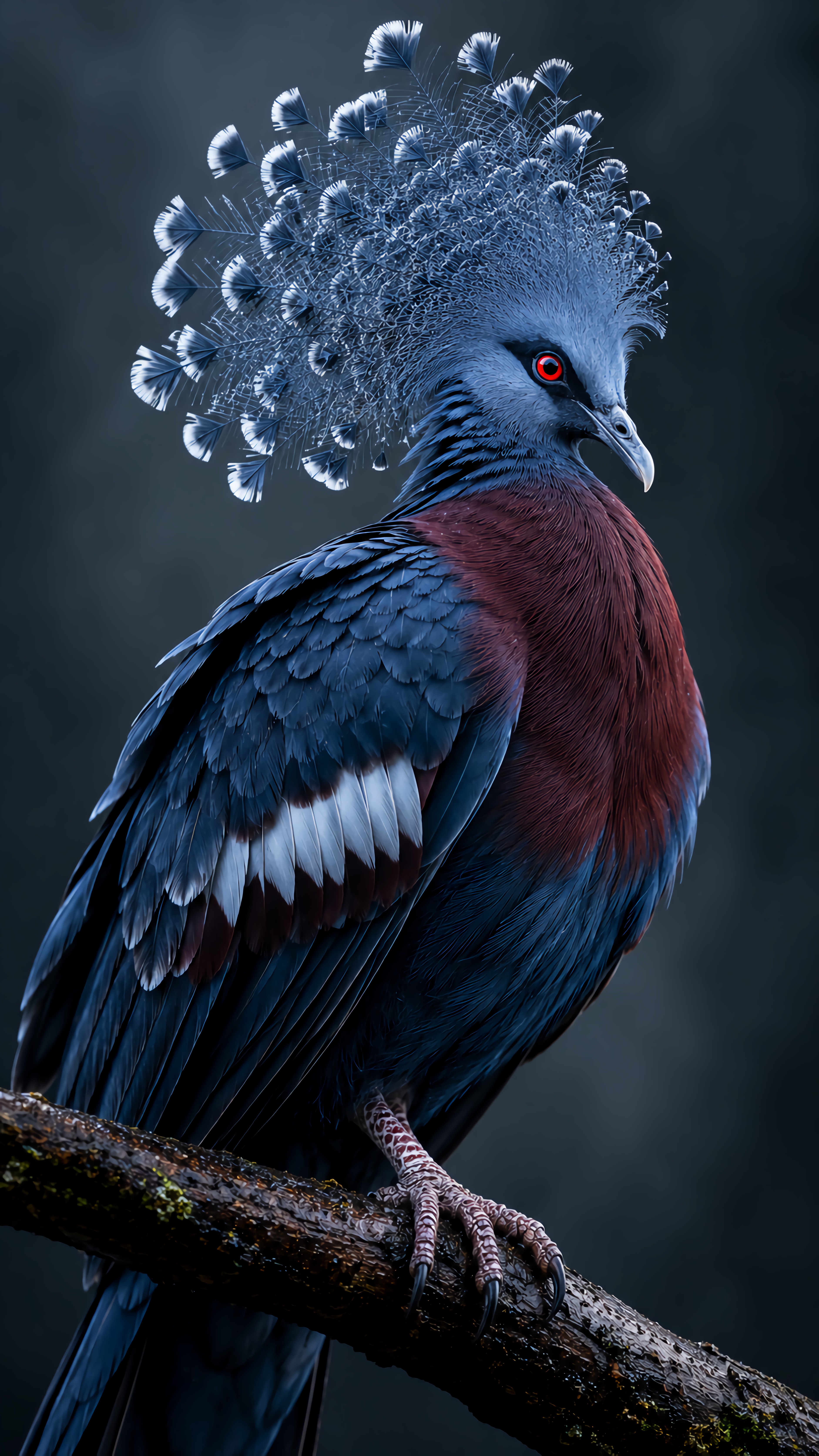 Majestic Blue Crown Bird Dark Fantasy Nature Art Scene