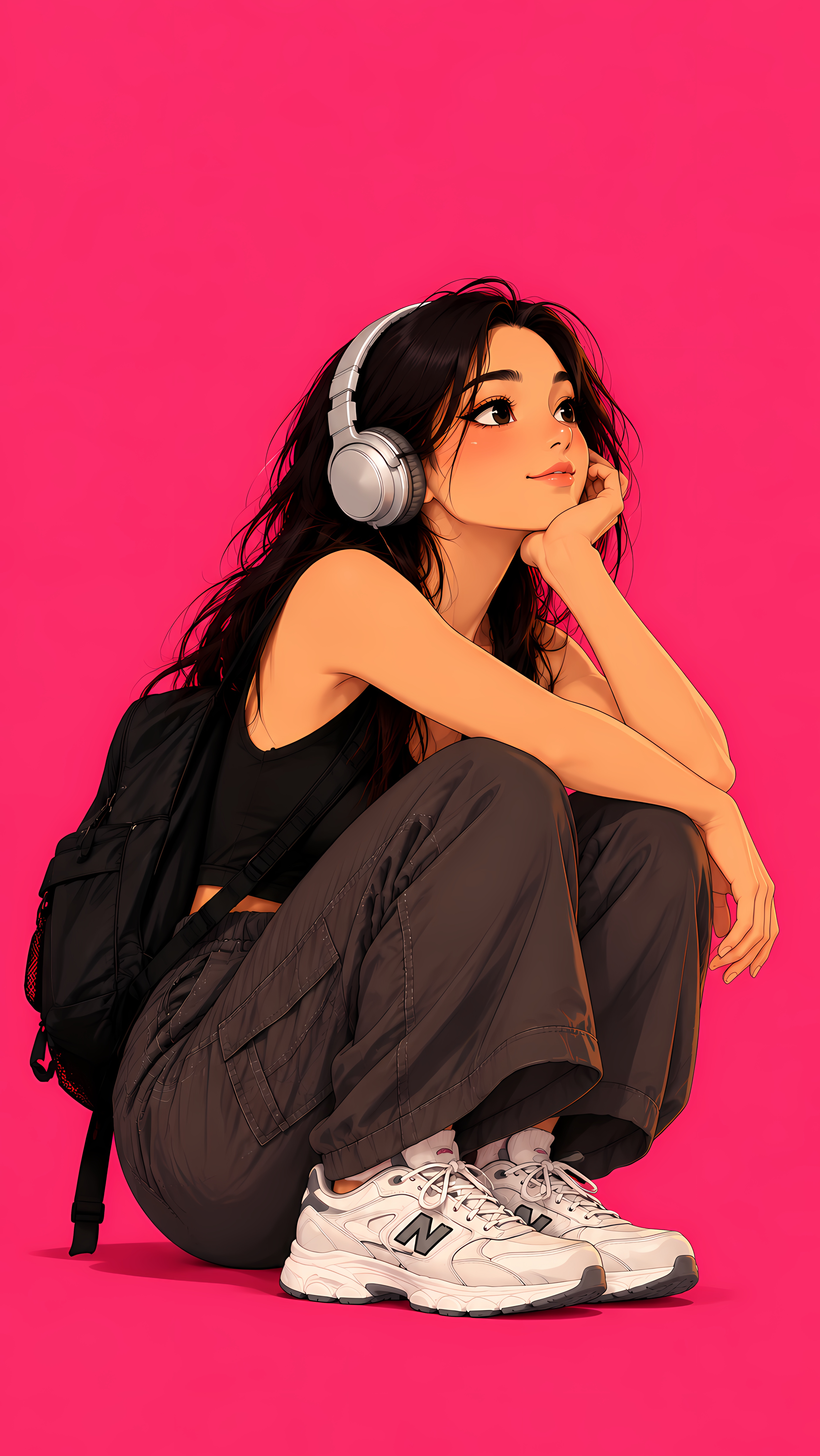 Anime Girl Relaxing With Headphones On Vivid Pink Background