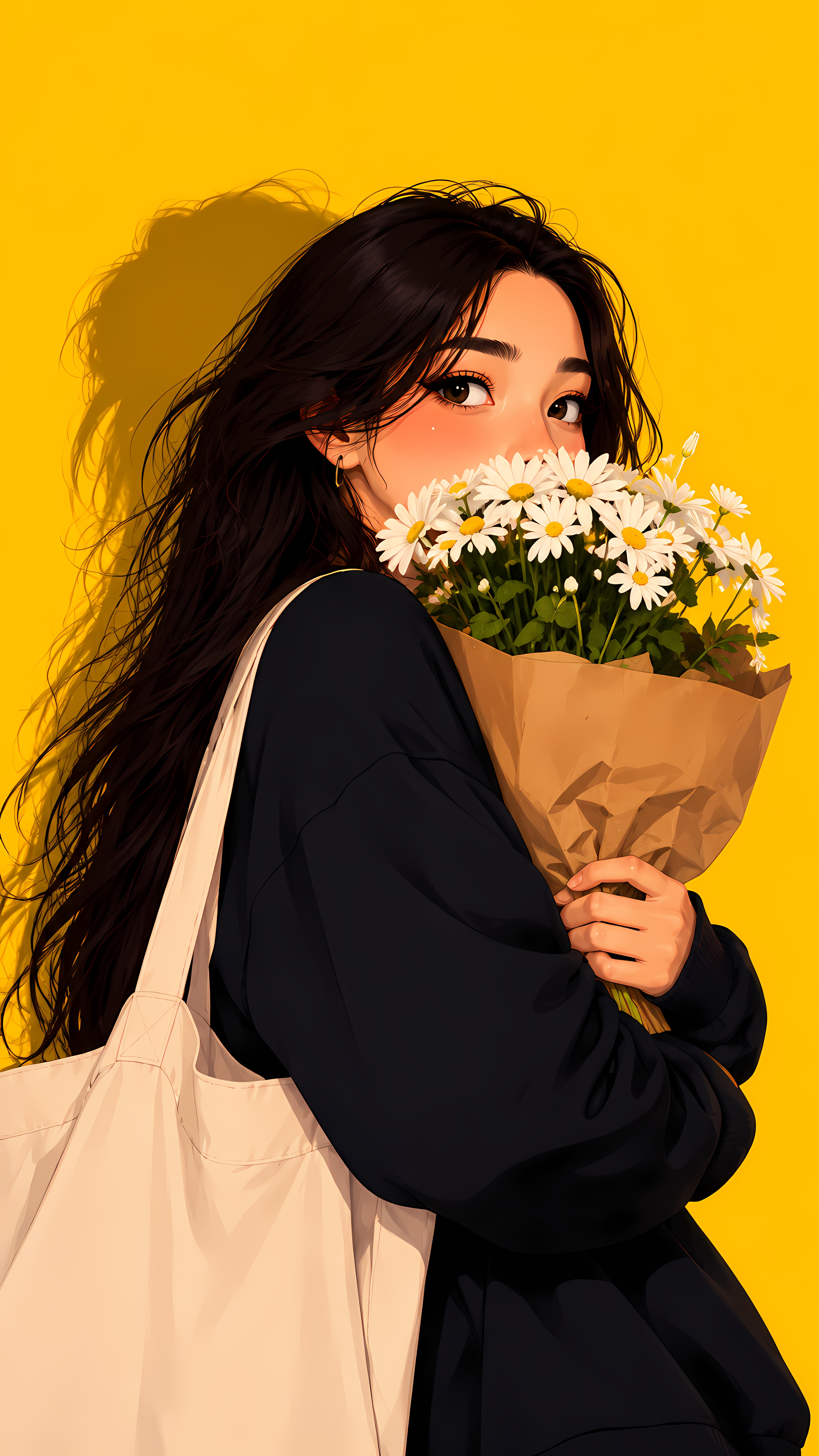 Anime Girl Holding White Daisies On Bright Yellow Canvas