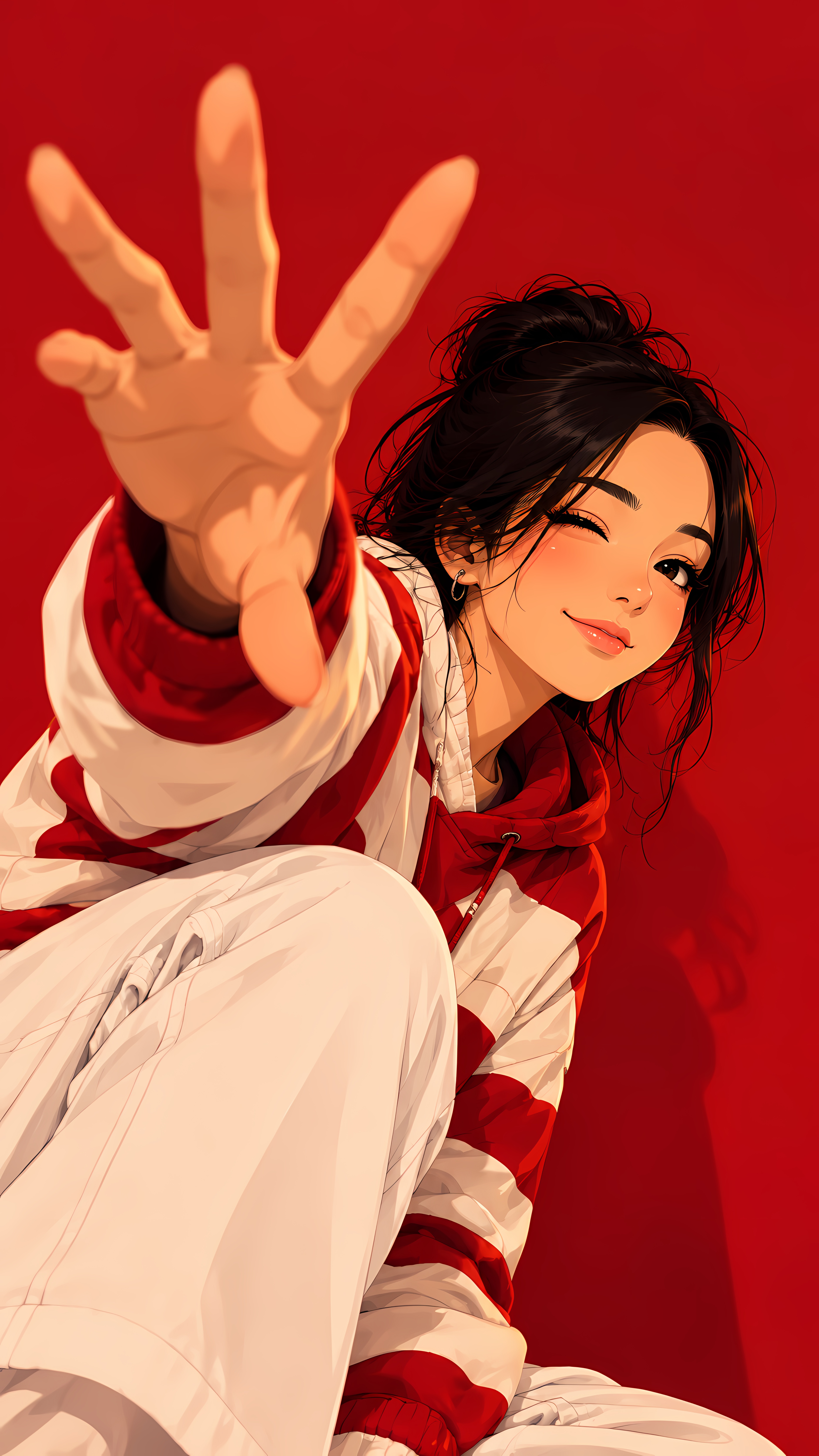 Winking Anime Girl Reaching Forward Over Deep Red Backdrop
