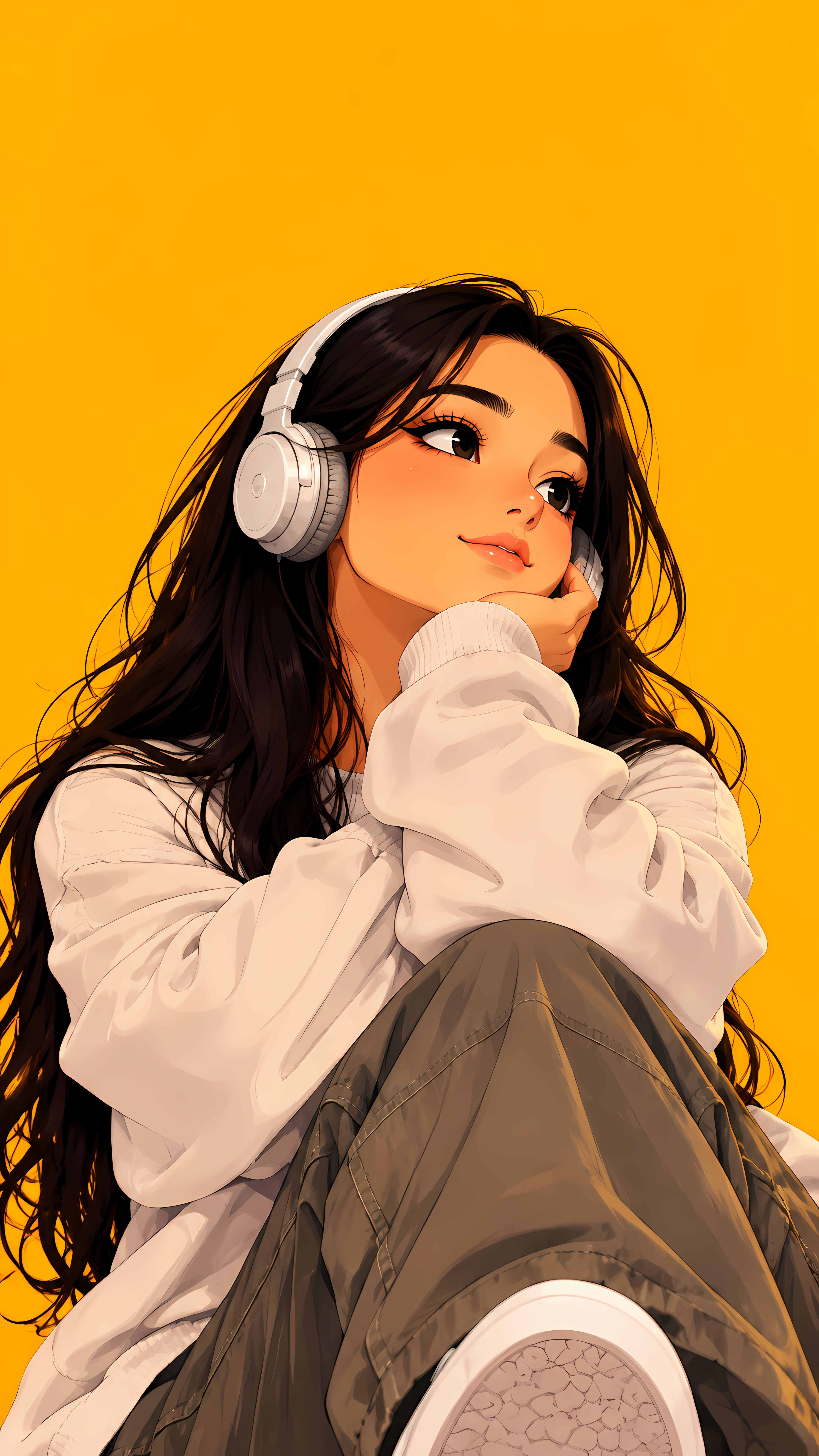 Anime Girl Relaxing With Headphones On Bright Golden Canvas