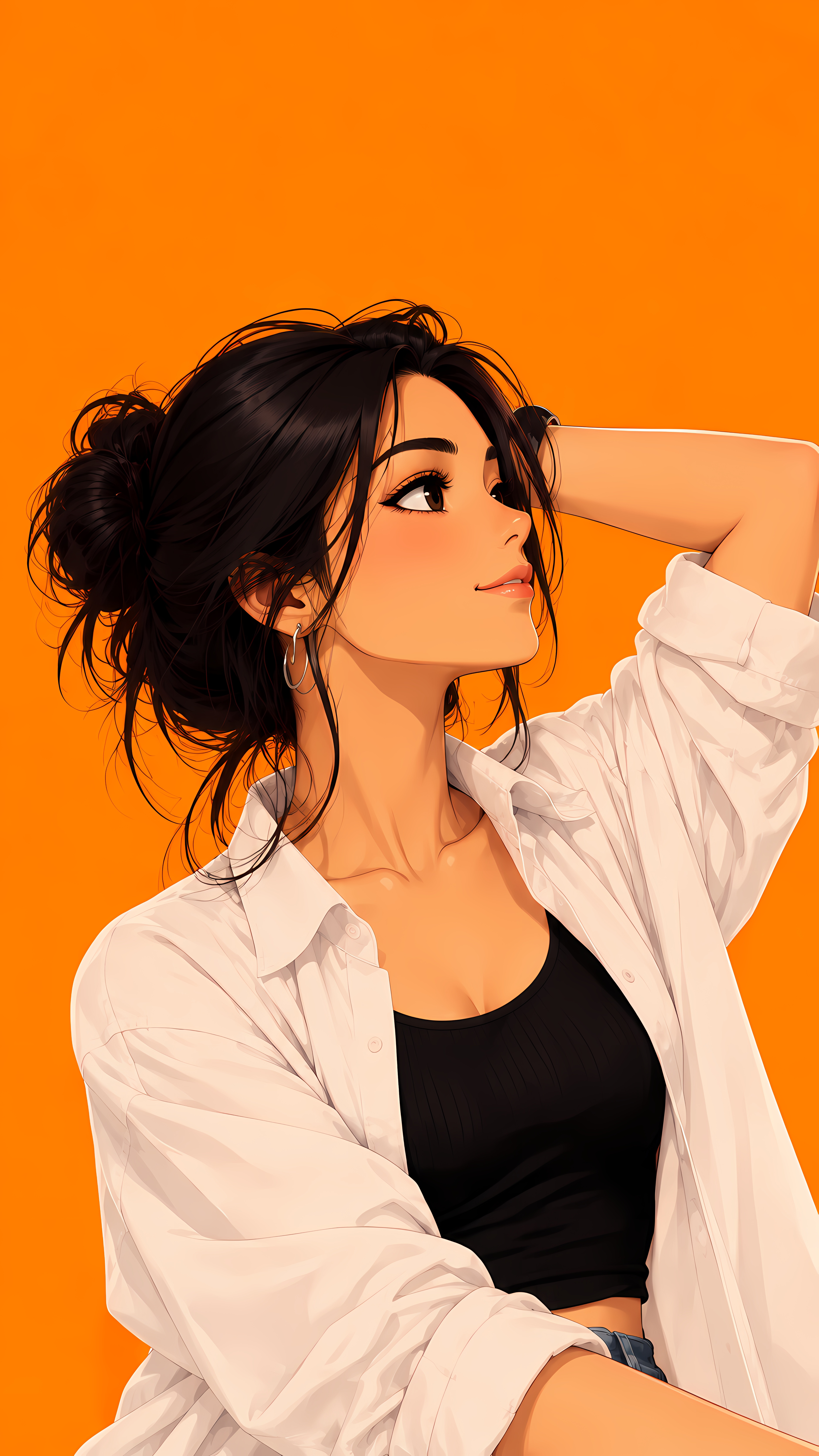 Stylish Anime Girl Tying Hair On Vivid Orange Background