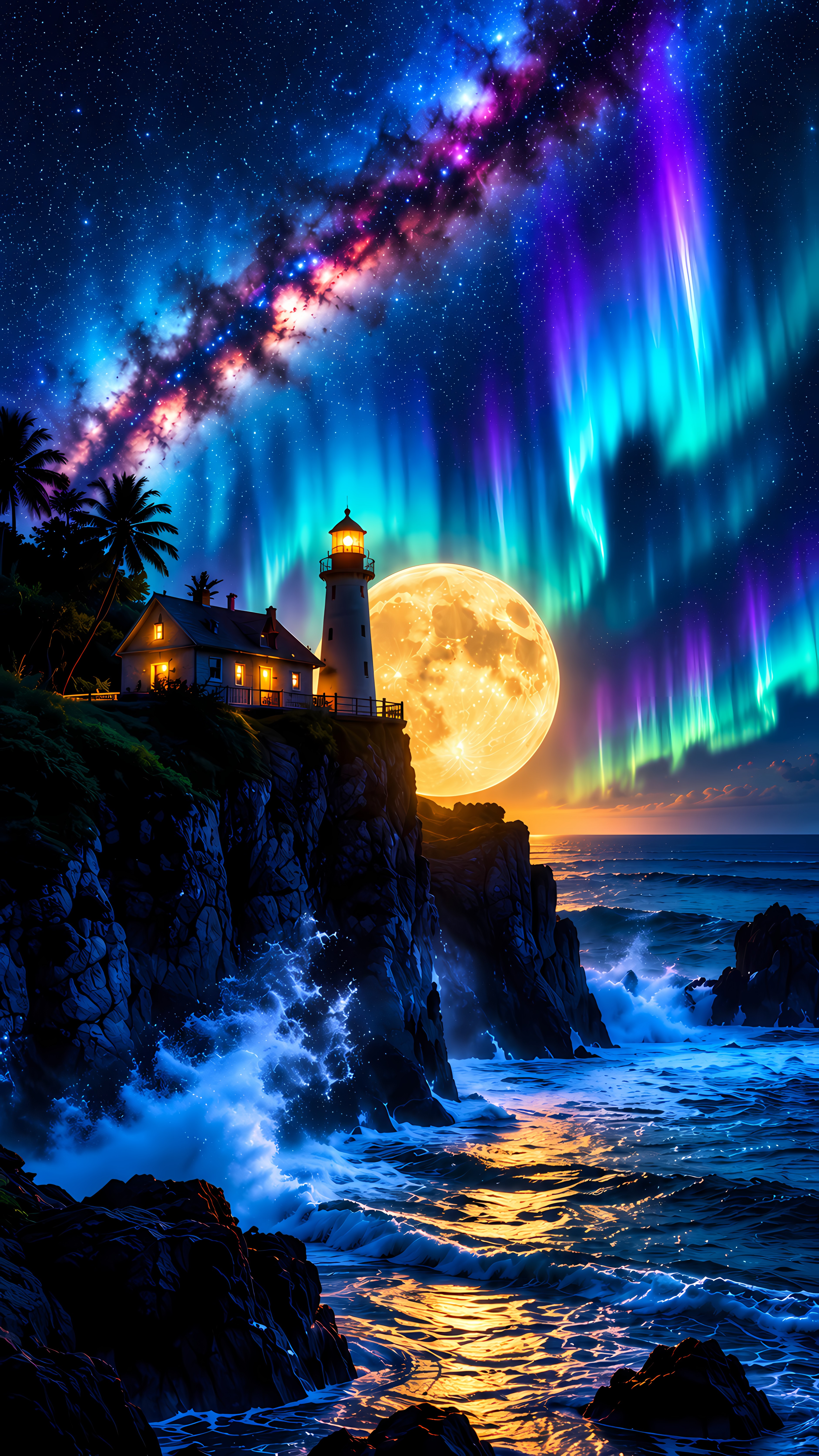 Ocean Cliff Light House Moon Sky Night Art View