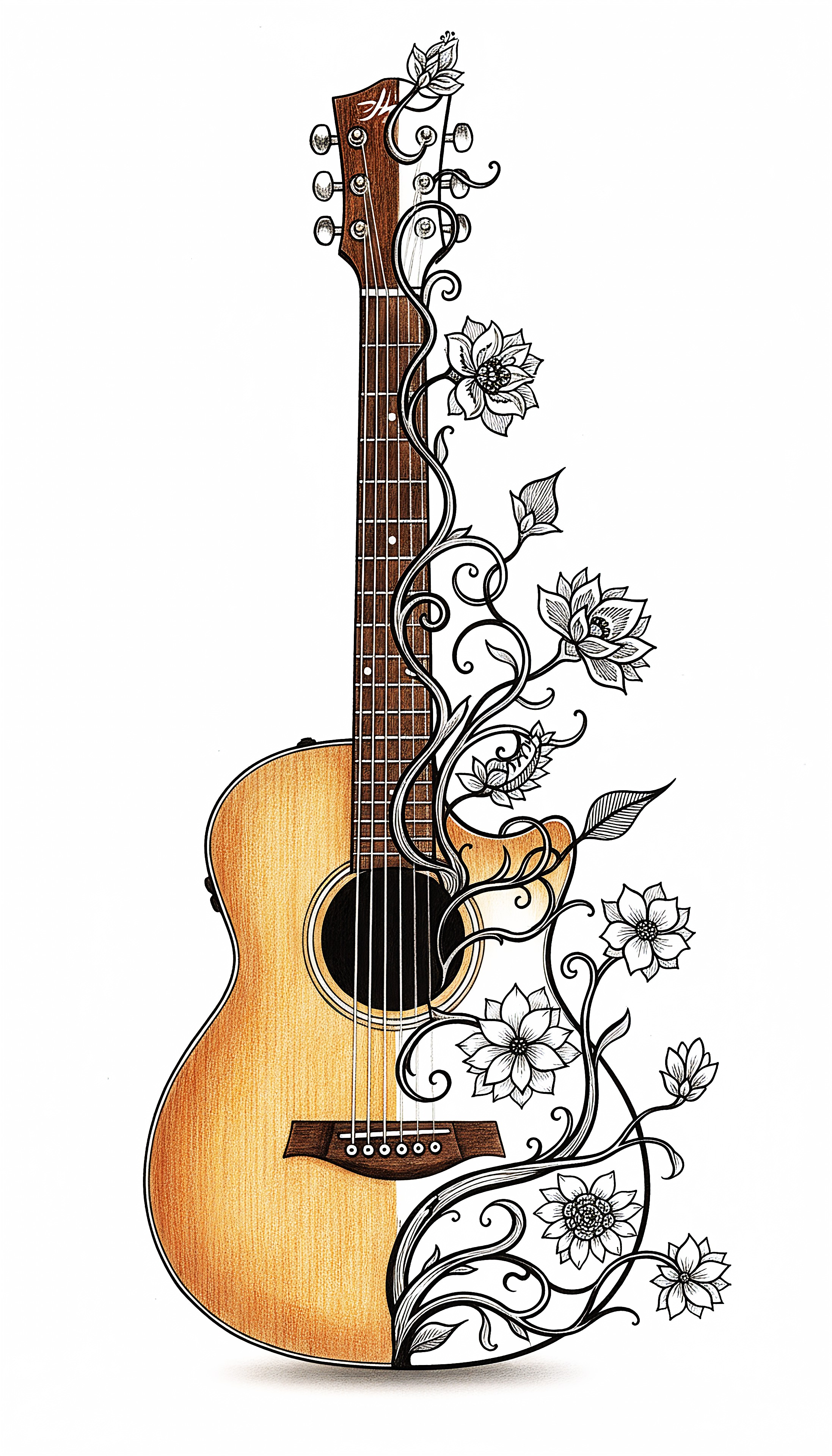 Artistic Acoustic Guitar With Floral Line Art Design