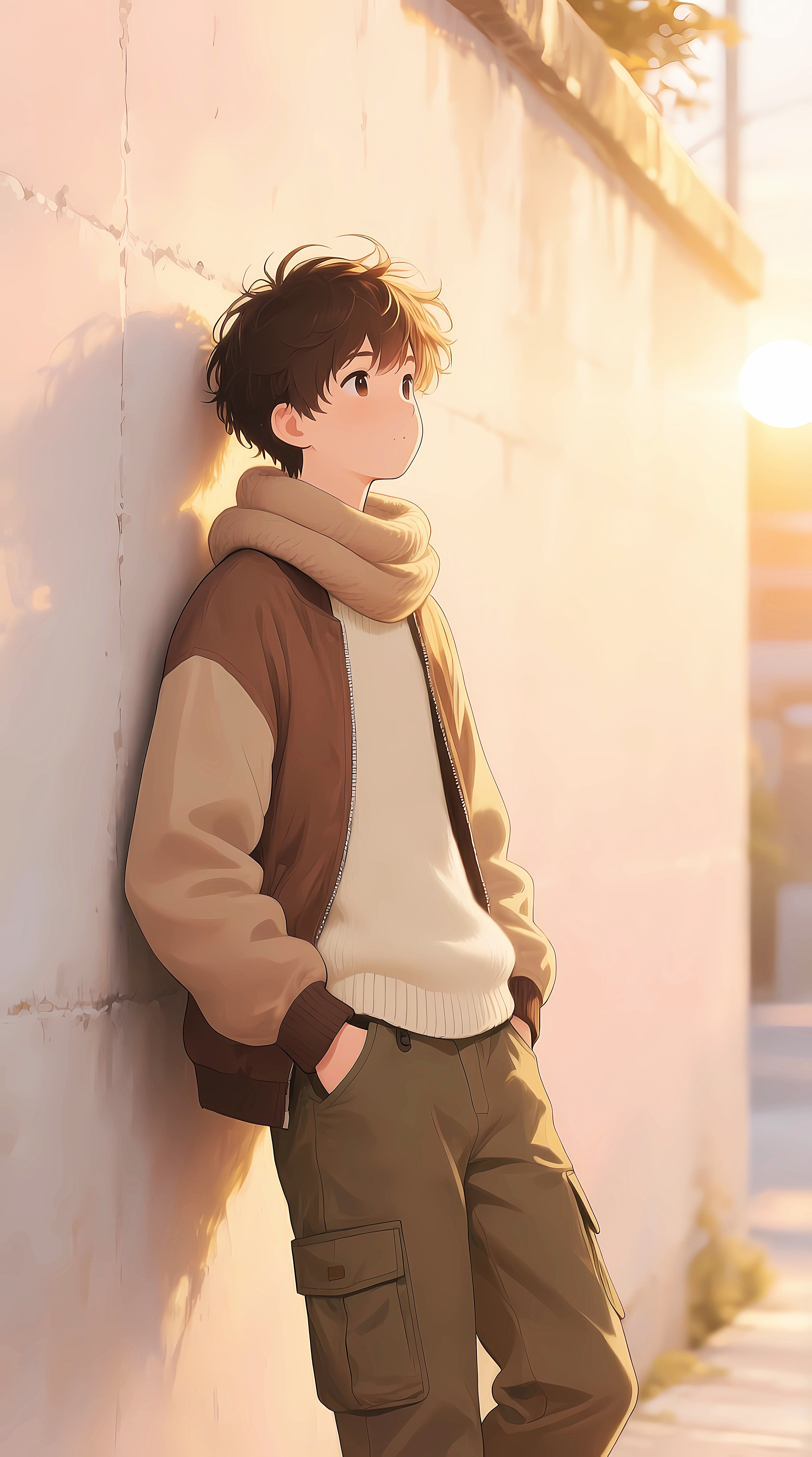 Anime Boy Standing Quietly in Warm Golden Sunset Light