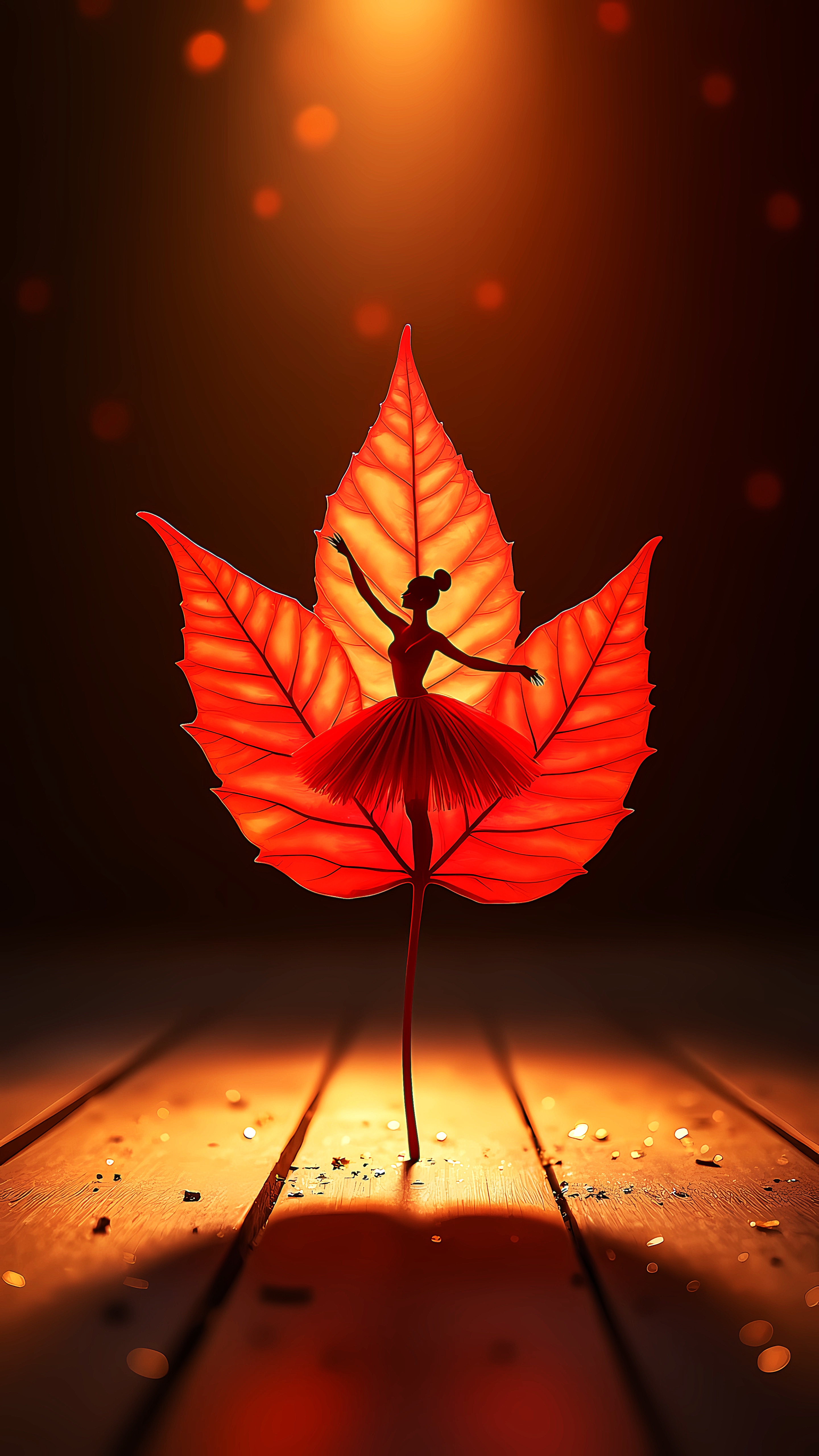 Elegant Ballerina Silhouette Inside Glowing Autumn Leaf
