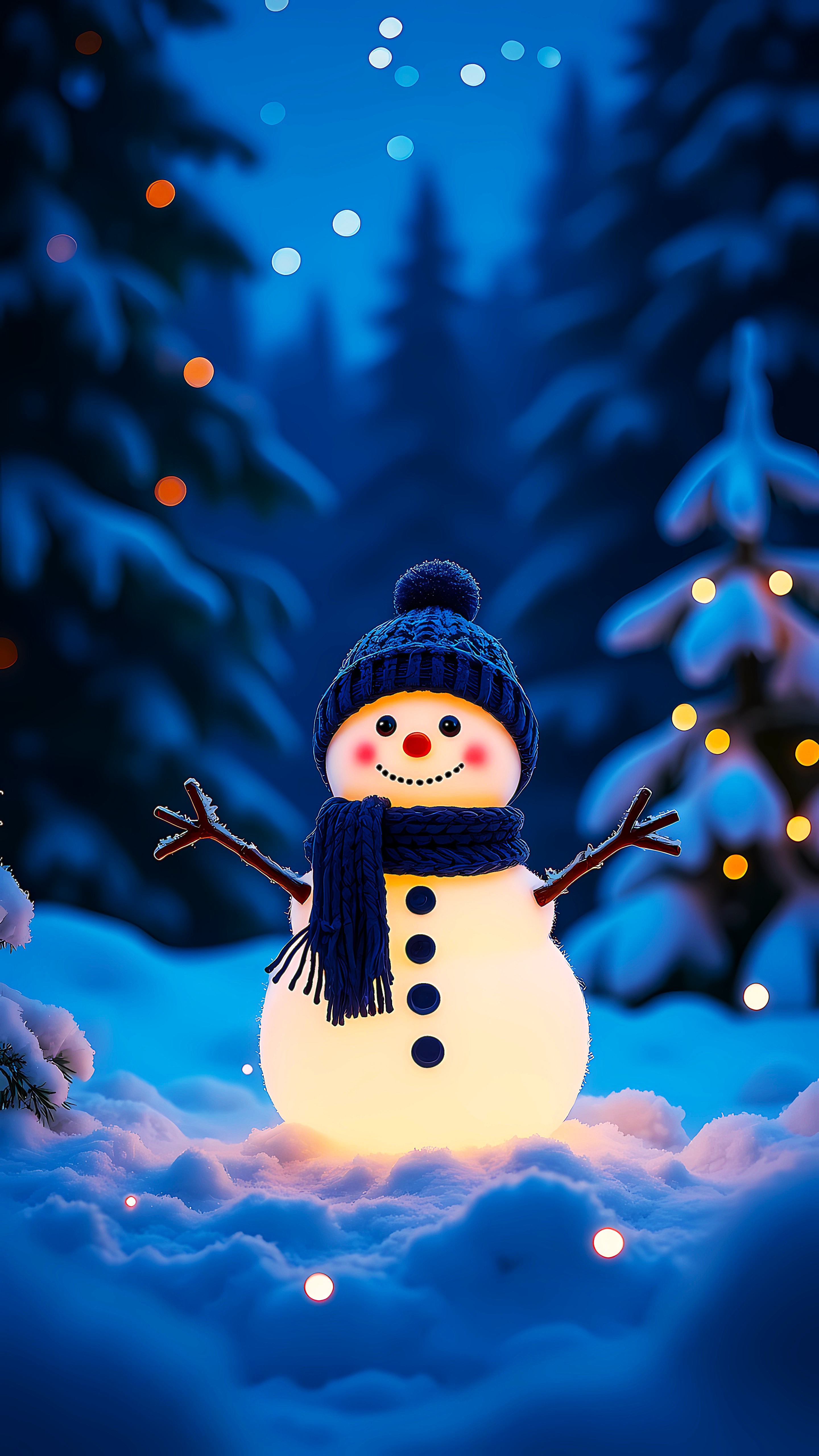 Cute Snowman Glowing in Magical Winter Night Forest