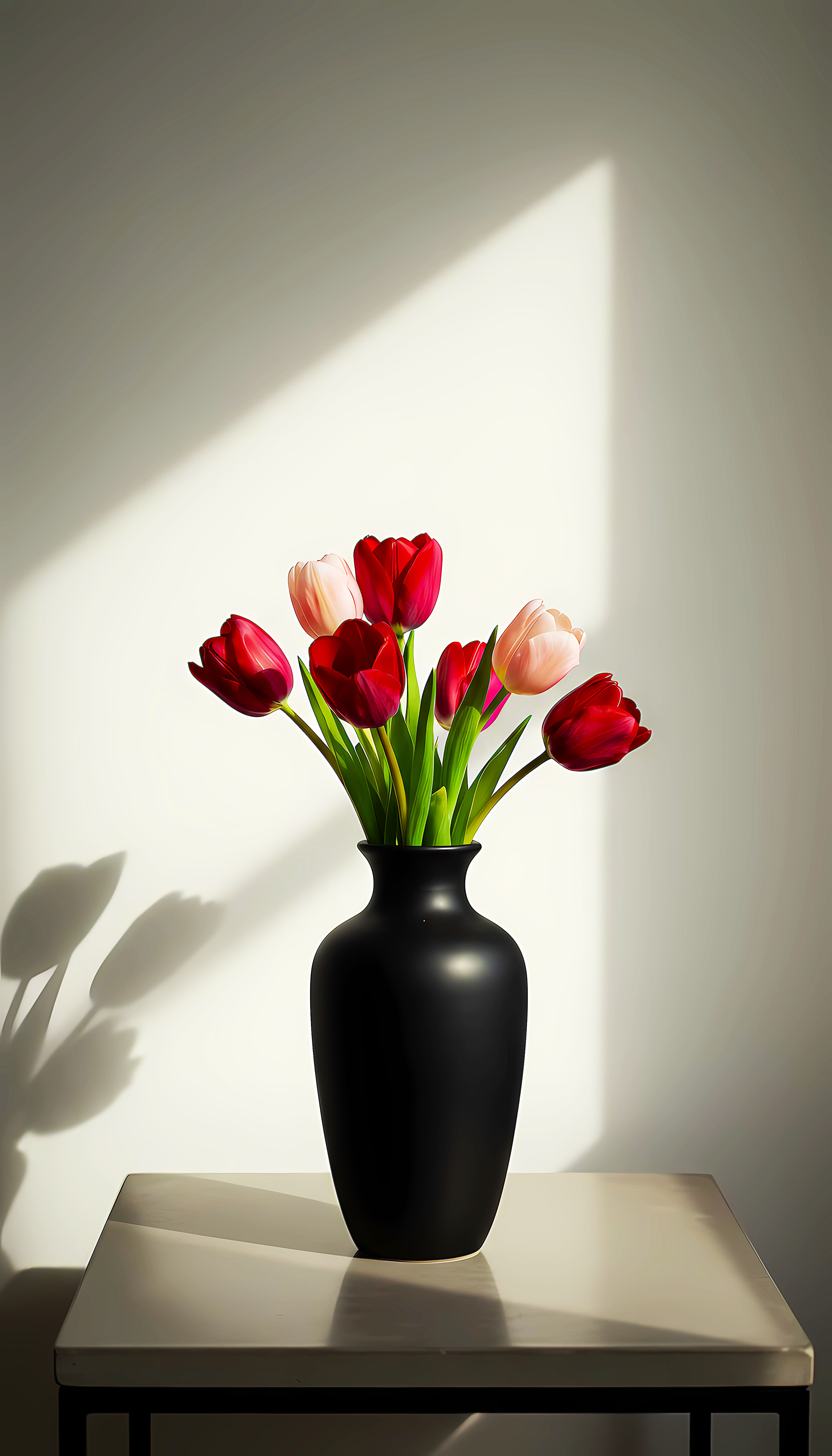 Elegant Tulips in Dark Vase With Soft Sunlight