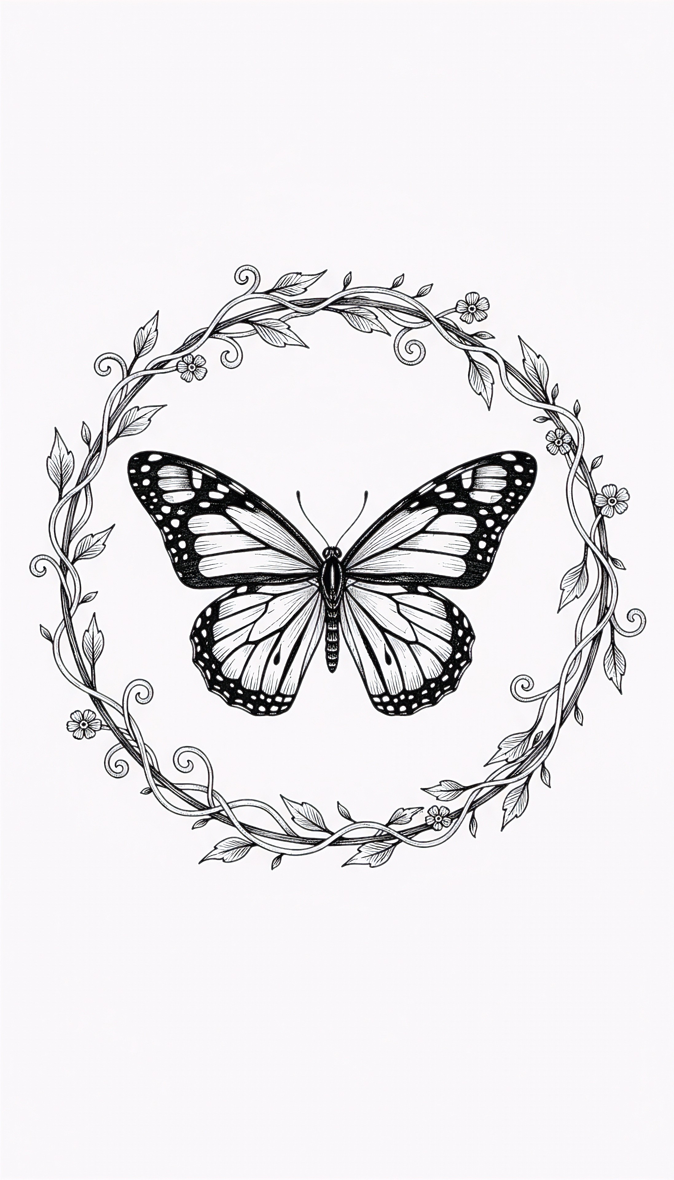 Minimal Butterfly Line Art With Elegant Floral Circle