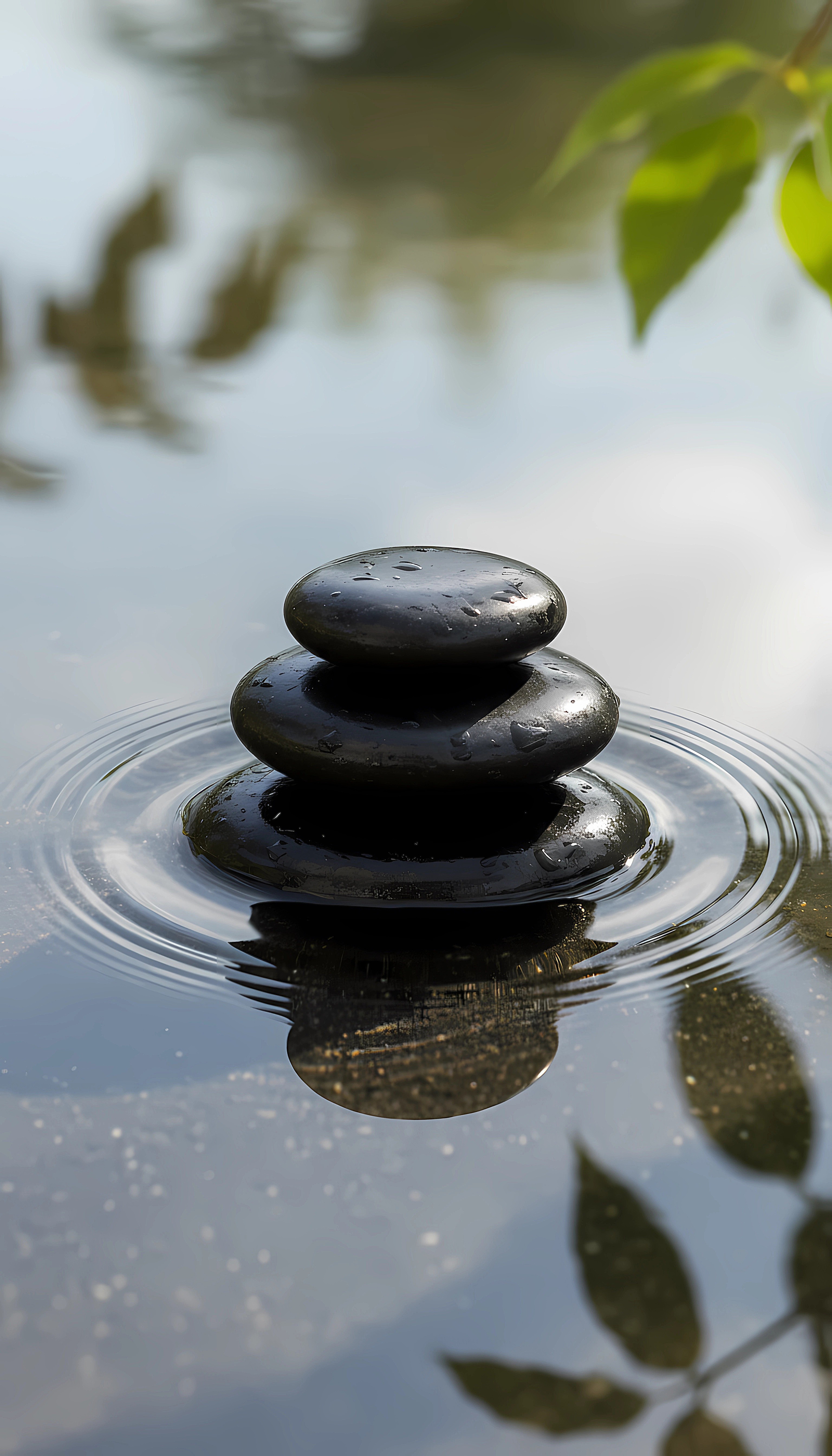 Zen Balance Stones Creating Ripples on Calm Water