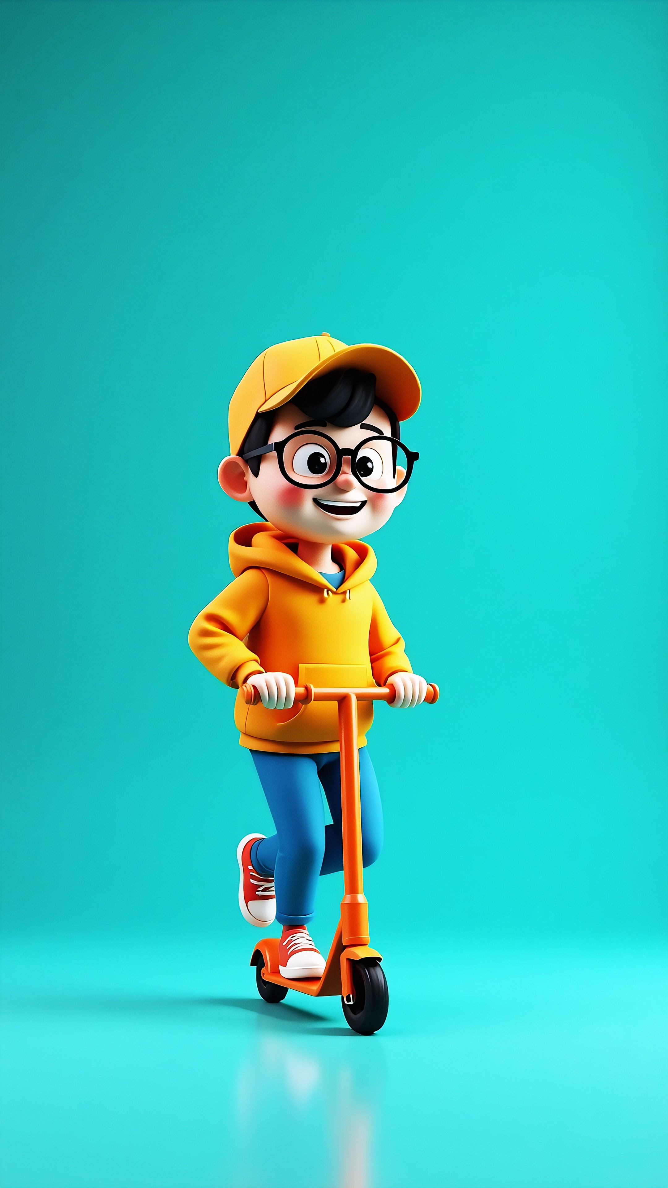 Cheerful 3D Cartoon Boy Riding Scooter on Pastel Background