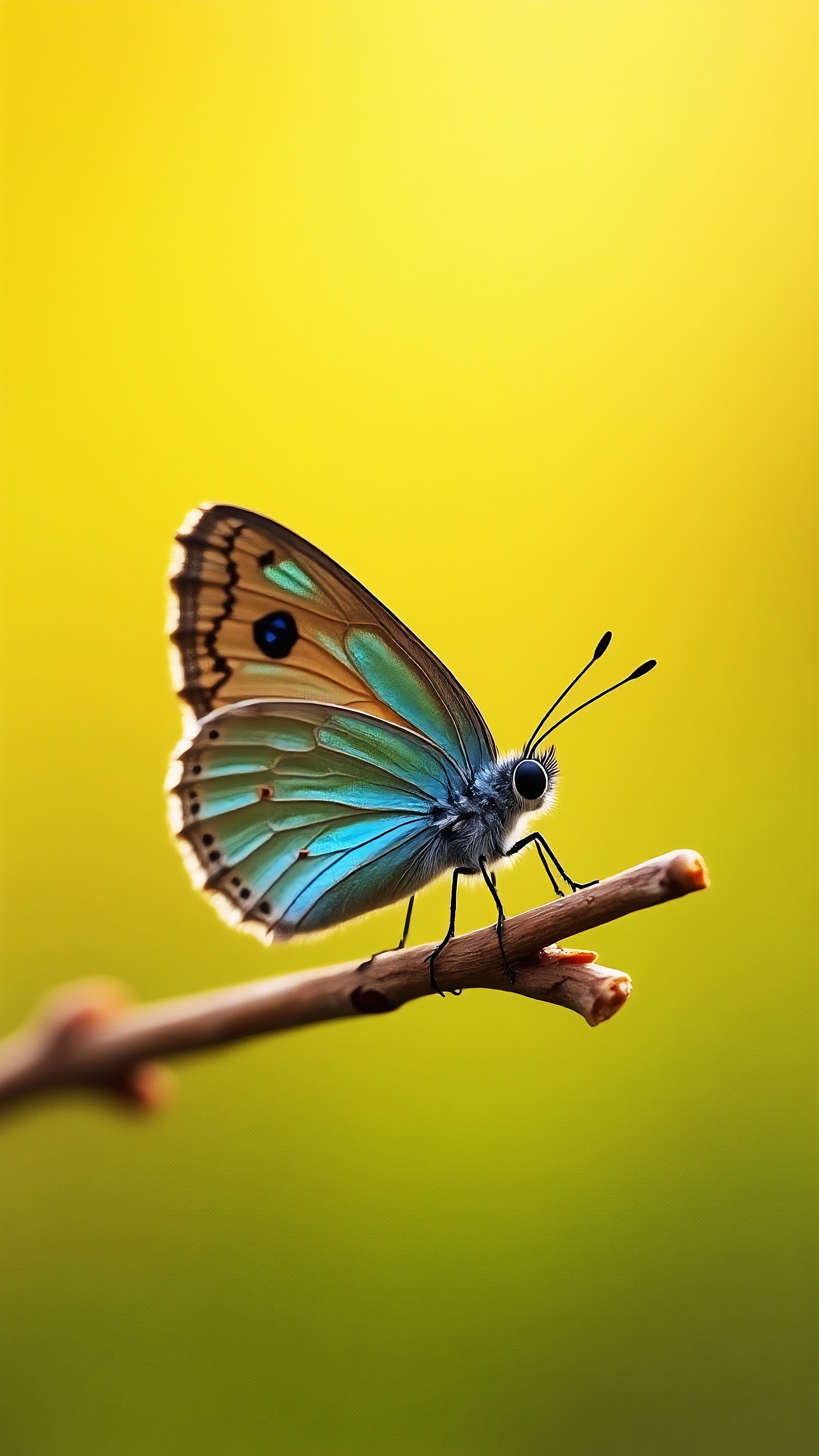 Ultra Realistic Butterfly Macro on Branch with Yellow Background