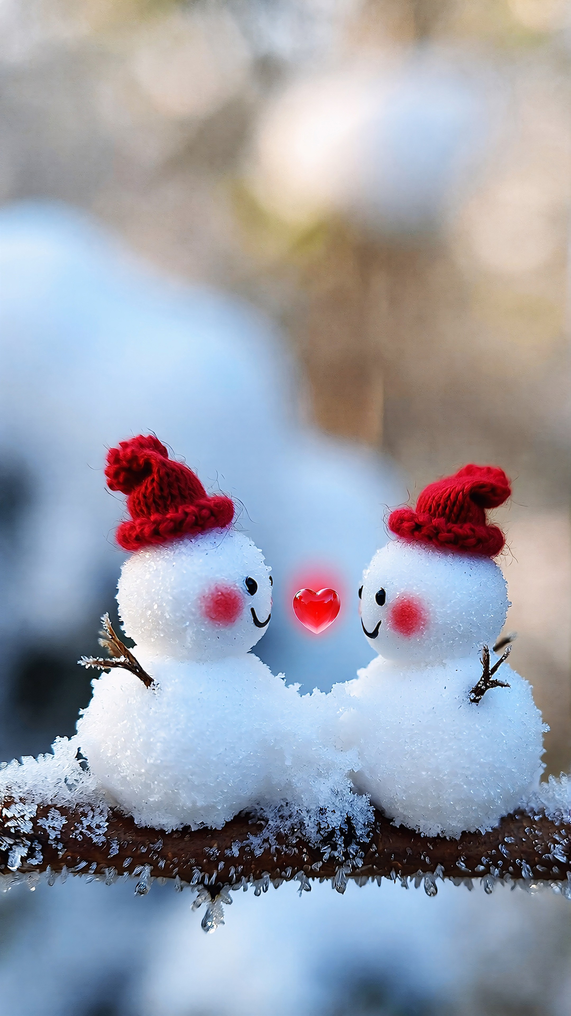 Cute Snowman Couple with Red Hats Sharing Winter Love