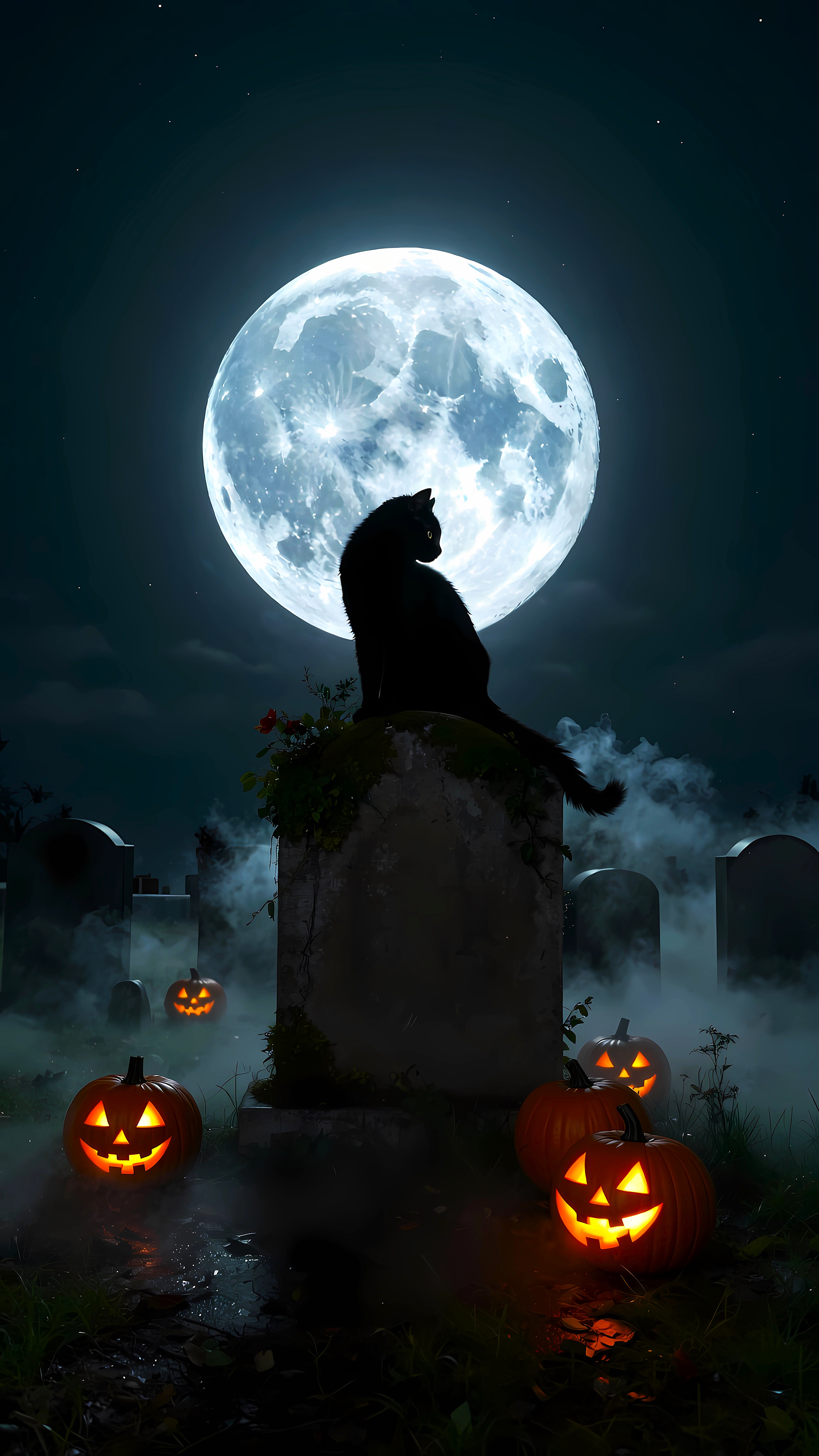 Midnight Black Cat Moon Fantasy Aesthetic Wallpaper