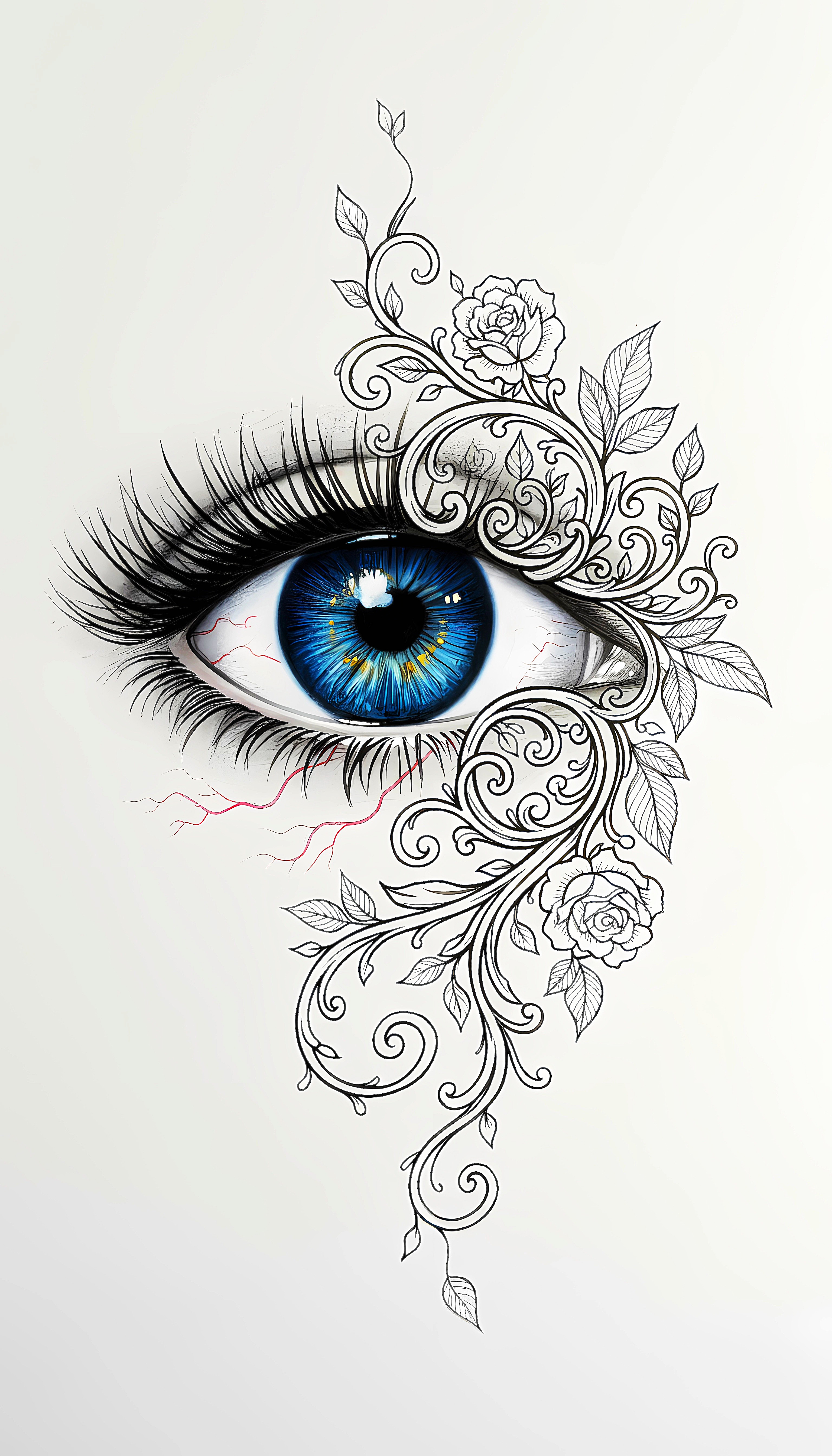 Mystical Blue Eye Floral Line Art Wallpaper