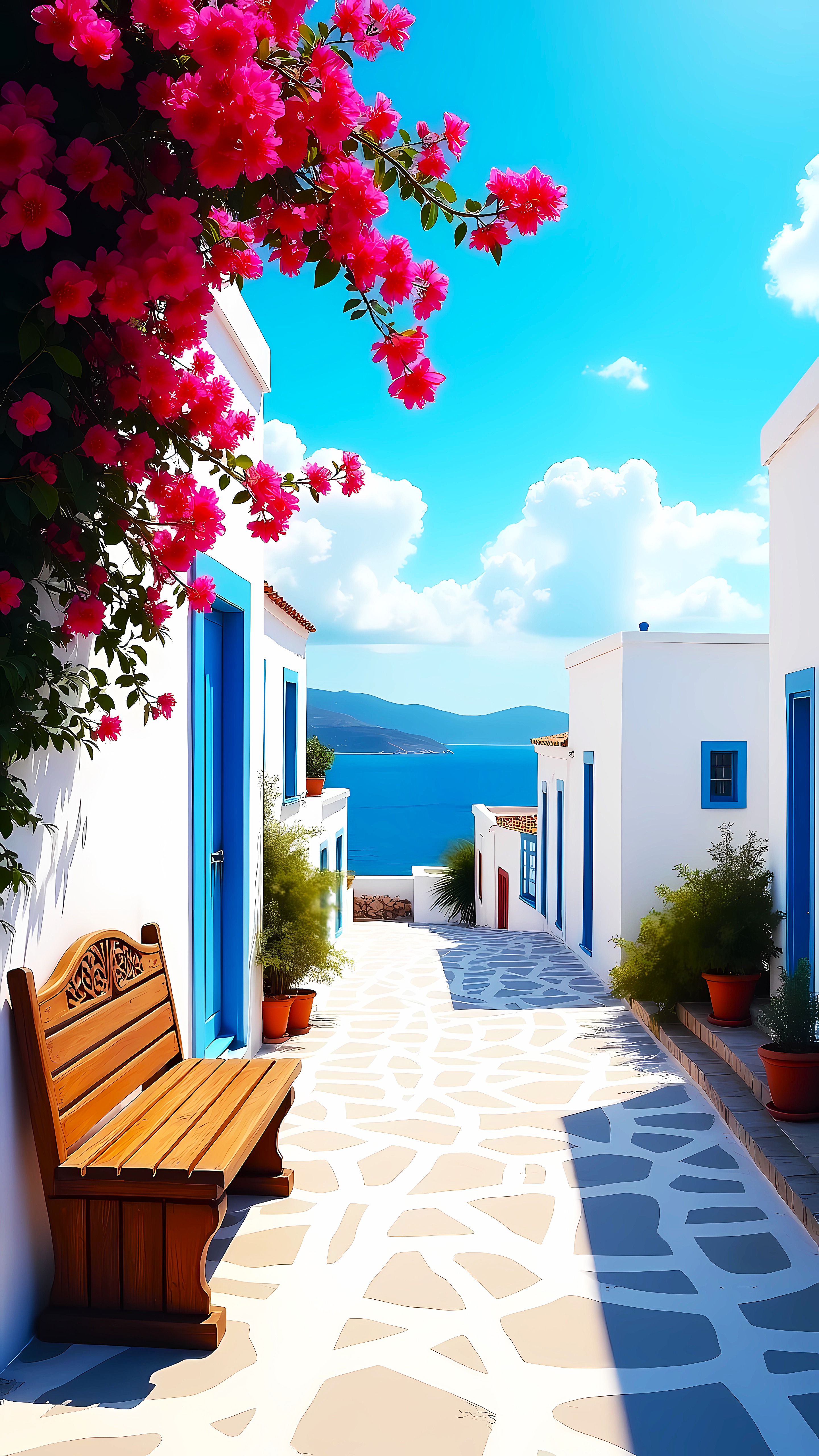 Mediterranean Blue Street Sea View Wallpaper