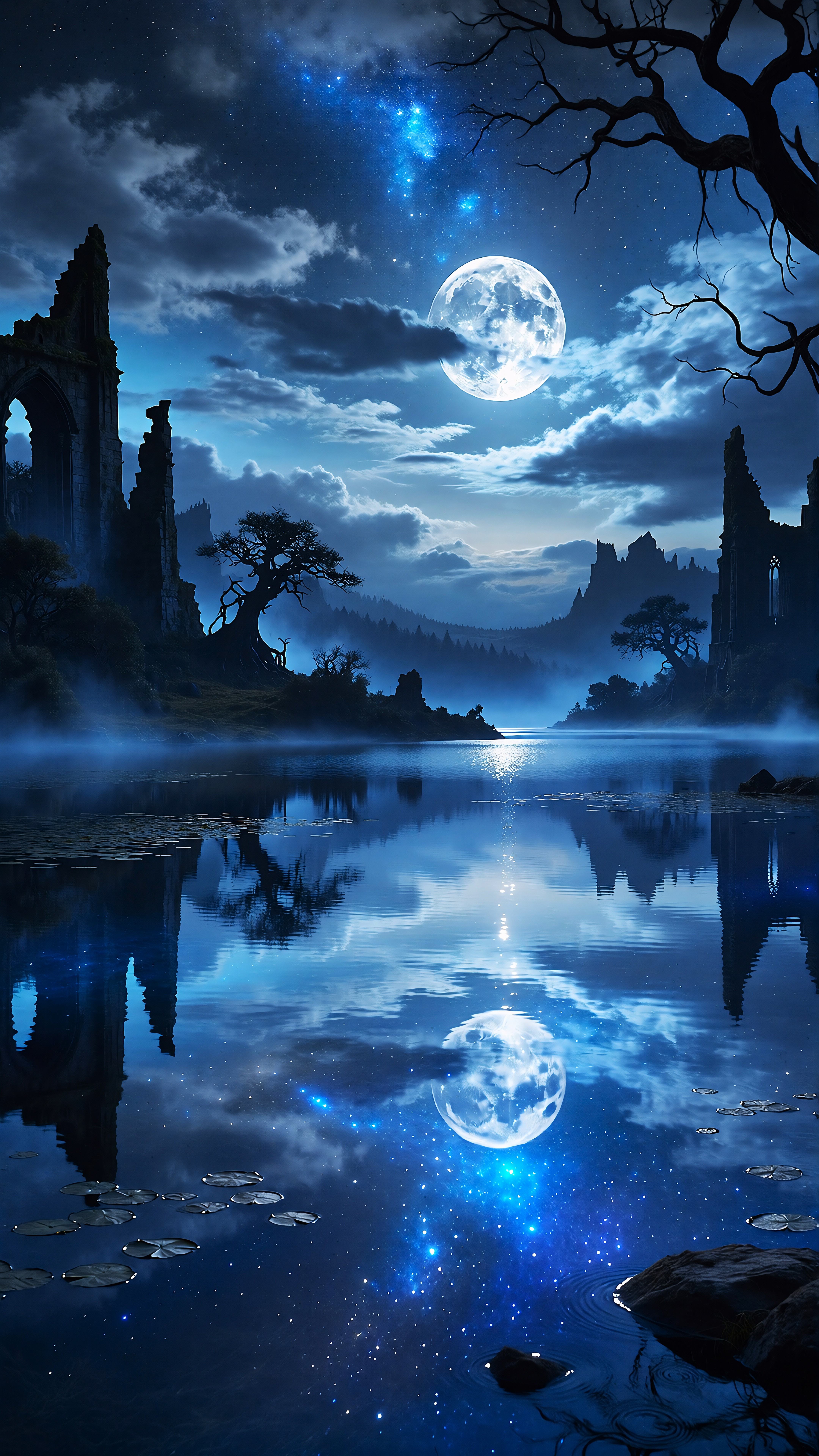Blue Night Sky Full Moon Ruins Lake Nature Image