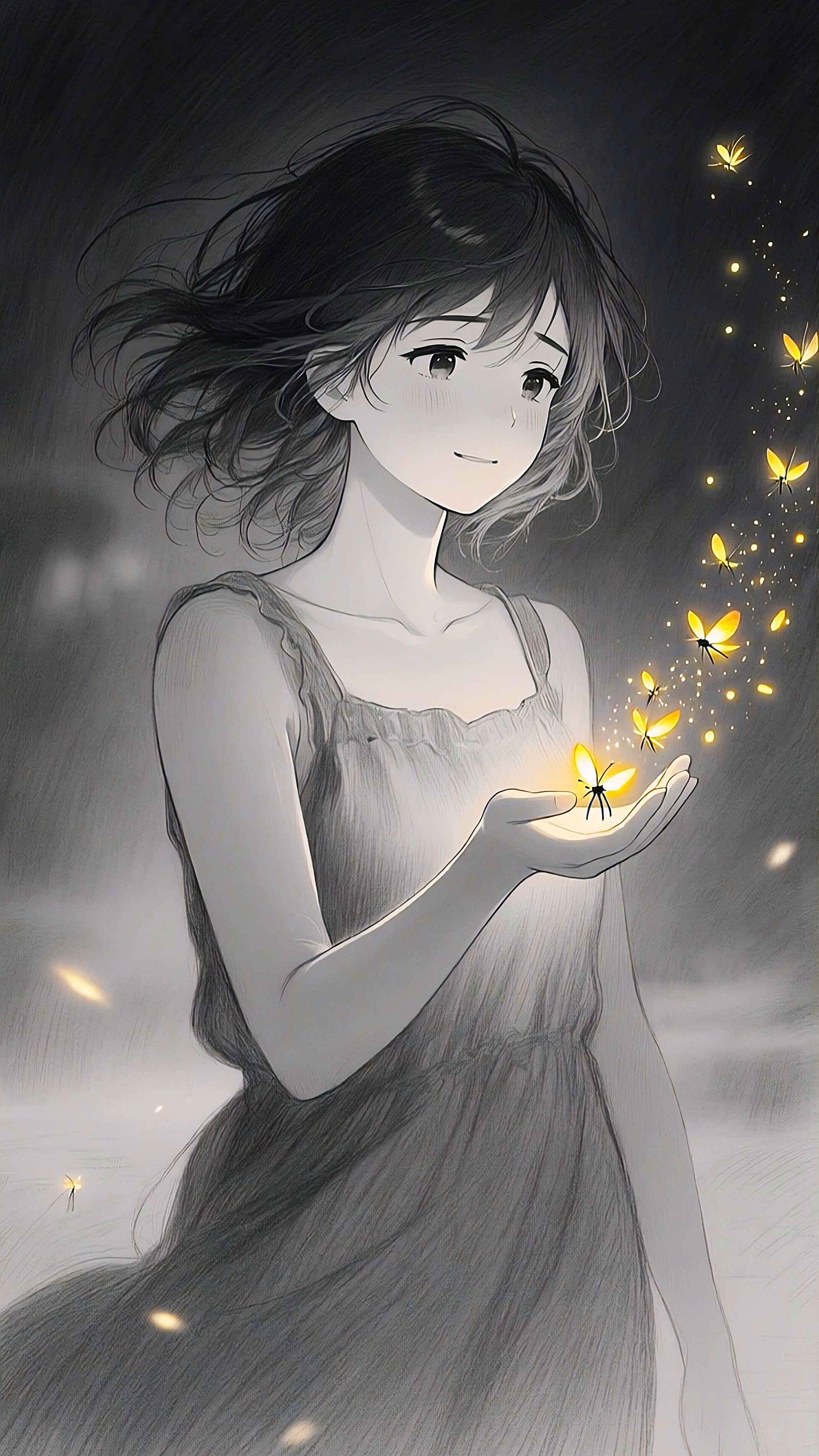 Anime Girl Firefly Glow Soft Fantasy Wallpaper