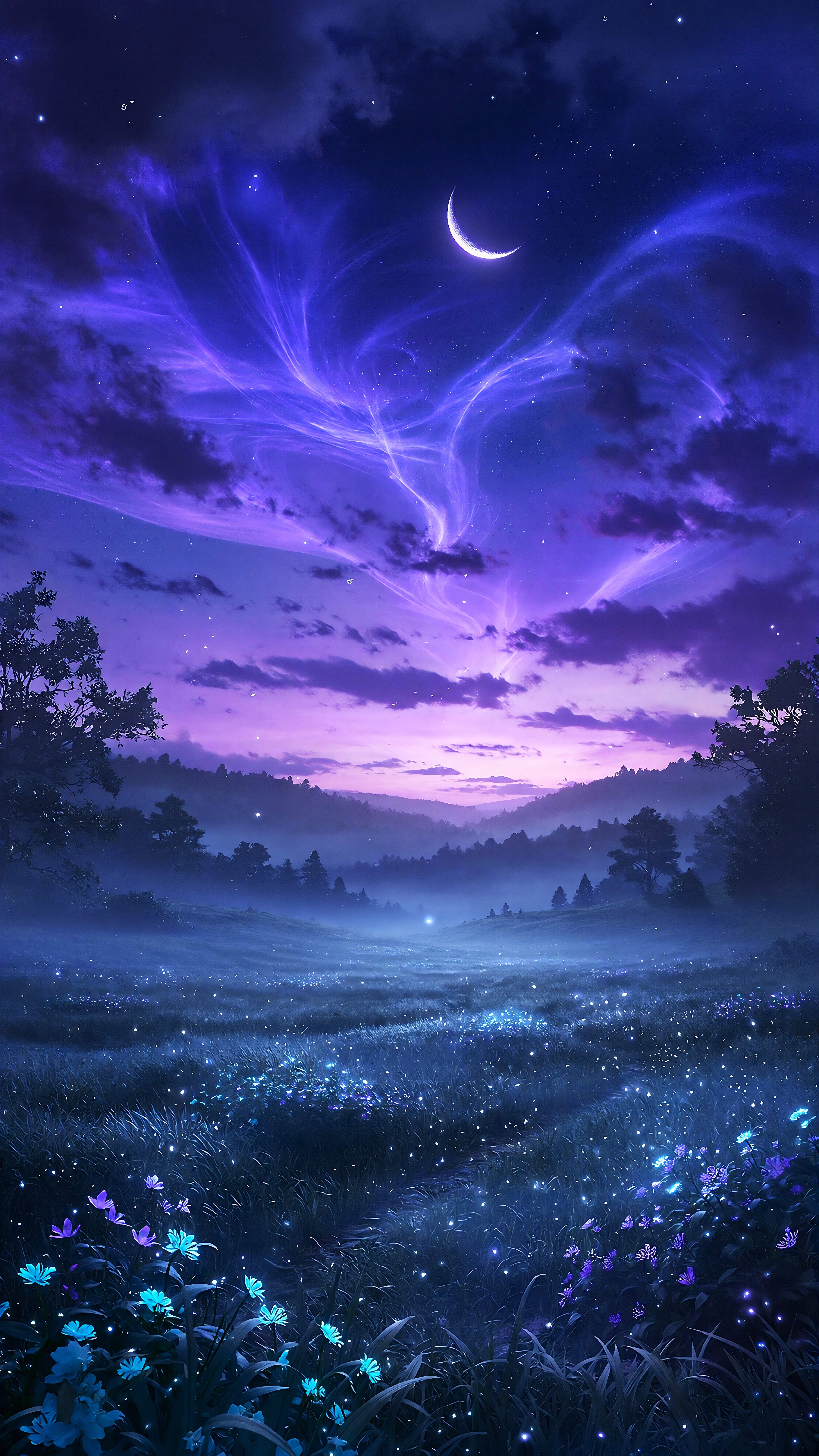 Mystical Purple Night Meadow Crescent Moon Fantasy Wallpaper